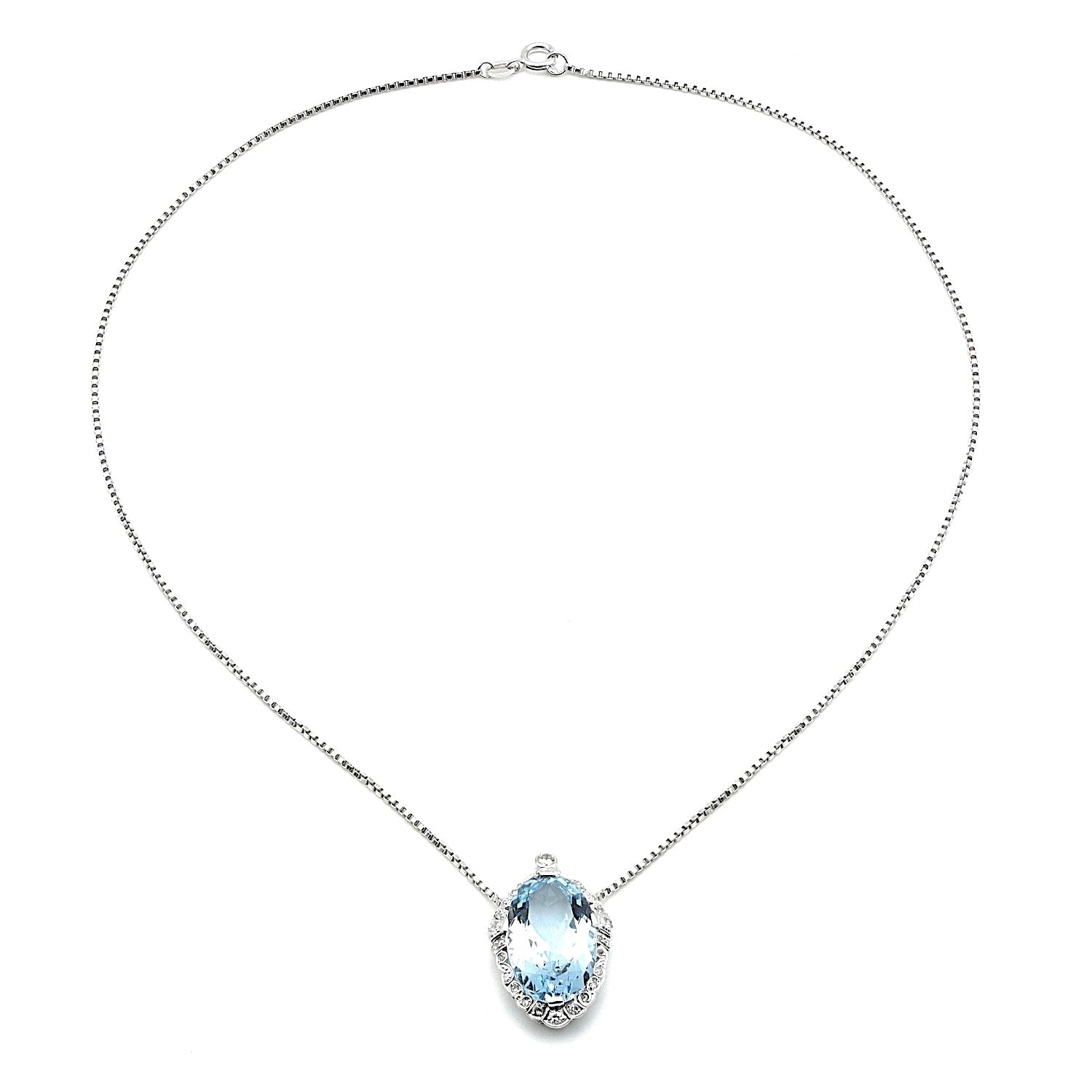 Vintage Collier in 585er Weißgold mit einem Aquamarin und Diamanten, liegend Draufsicht
