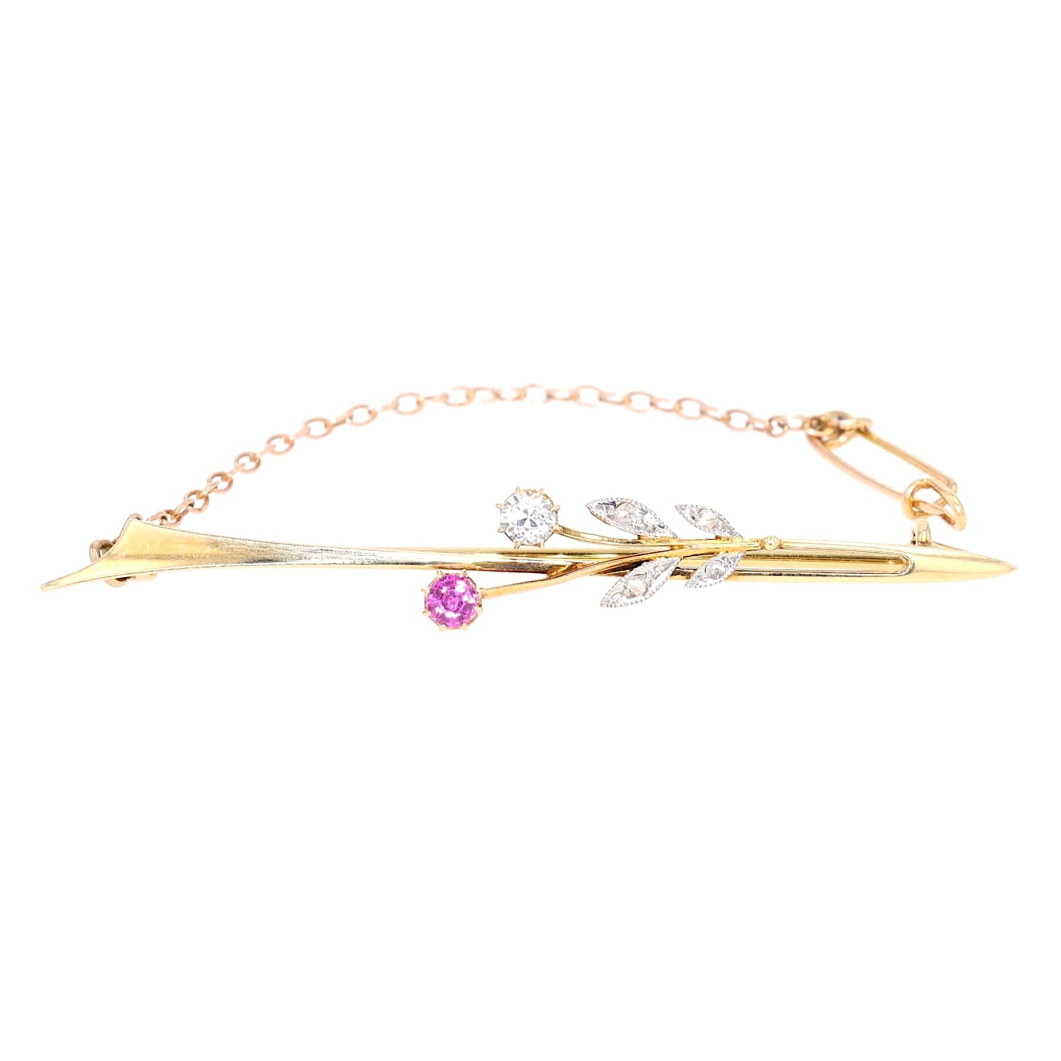 Jugendstil Nadel in 585er Gelbgold mit Diamanten und einem Saphir, liegend frontal