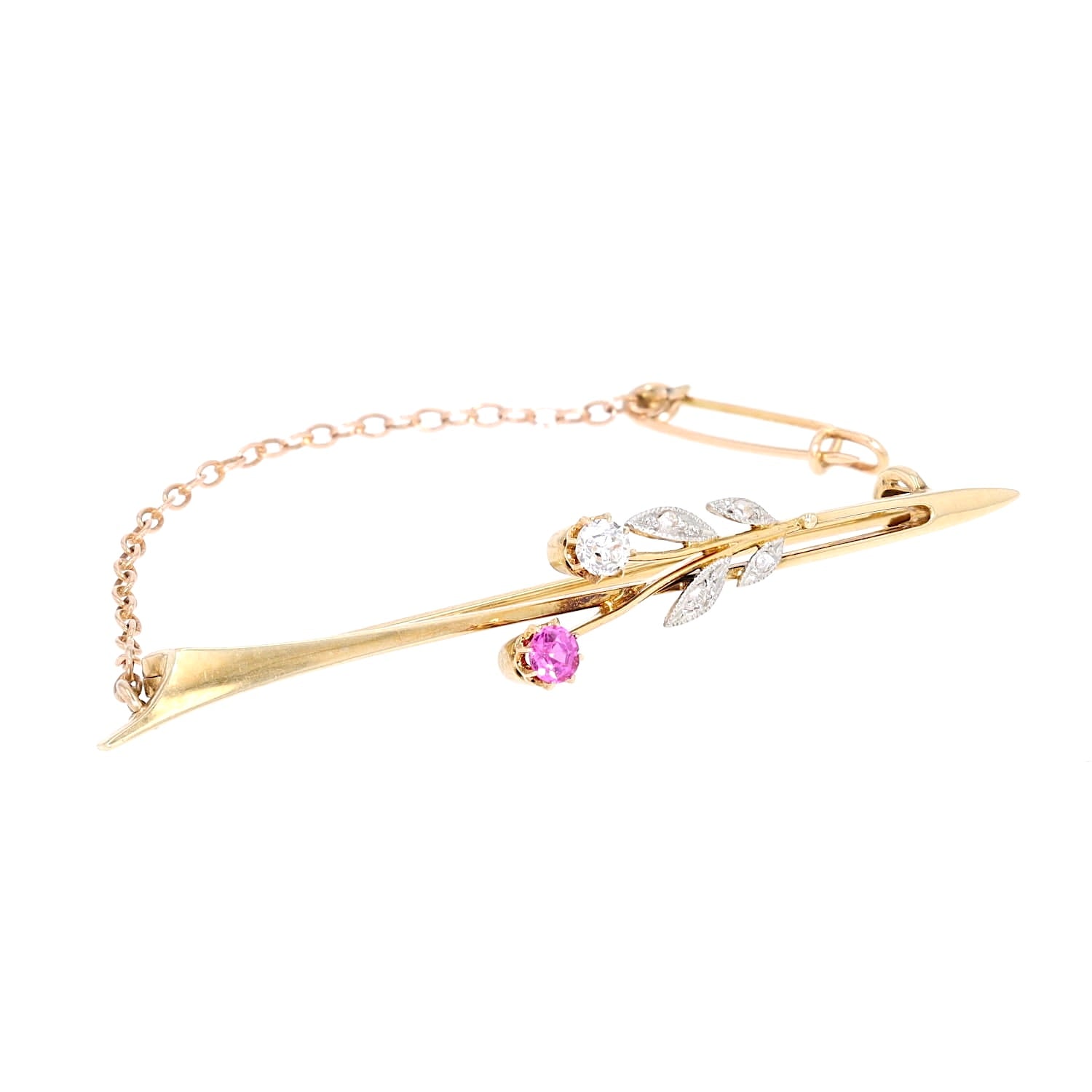 Jugendstil Nadel in 585er Gelbgold mit Diamanten und einem Saphir, liegend rechts gedreht