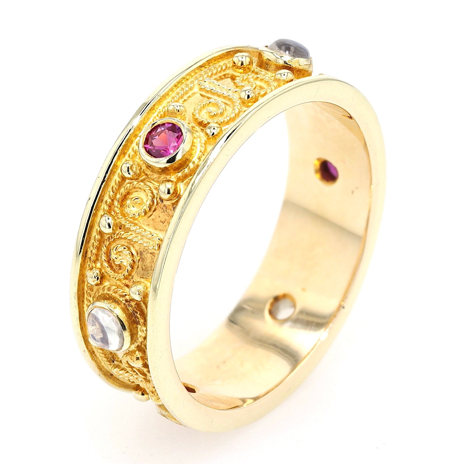 Ring in 585er Gelbgold mit Rubin, Saphir und Mondstein, stehend