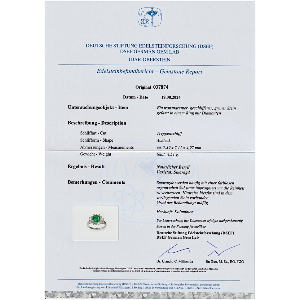 Entourage-Ring in 750er Weißgold mit einem kolumbianischen Smaragd mit ca. 1, 7ct und ca. 1,0 ct Brillanten, DSEF Zertifikat