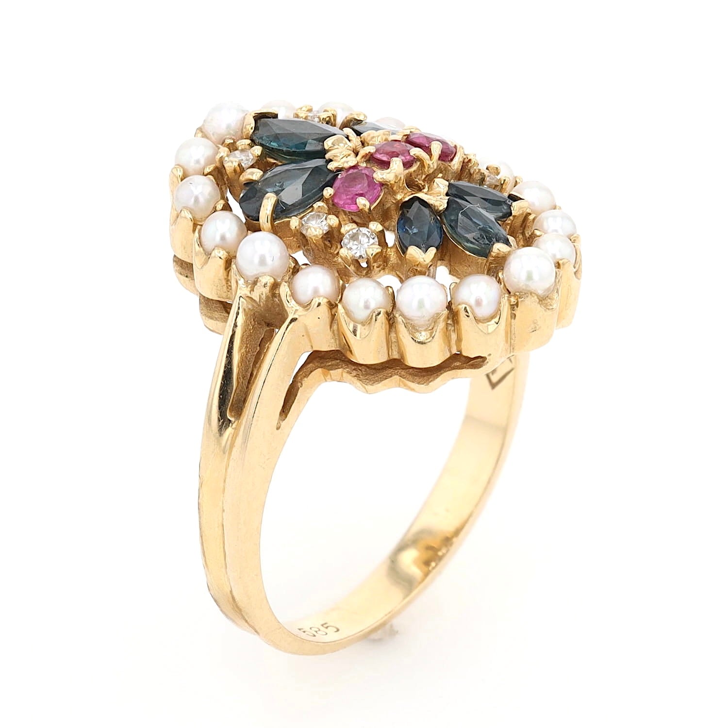 Franklin Mint Ring in 585er Gelbgold mit Saatperlen, Saphiren, Rubinen und Brillanten, stehend