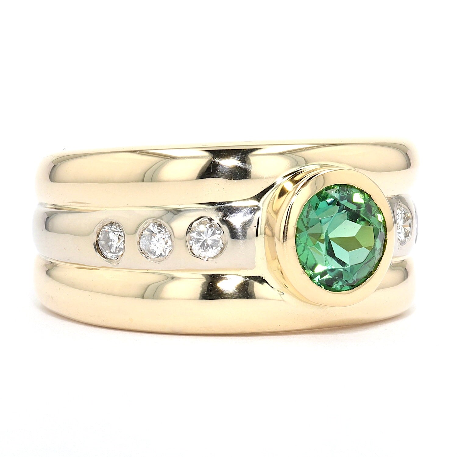 Ring in 585er Bicolor Gold mit Brillanten und einem Turmalin, liegend rechts gedreht