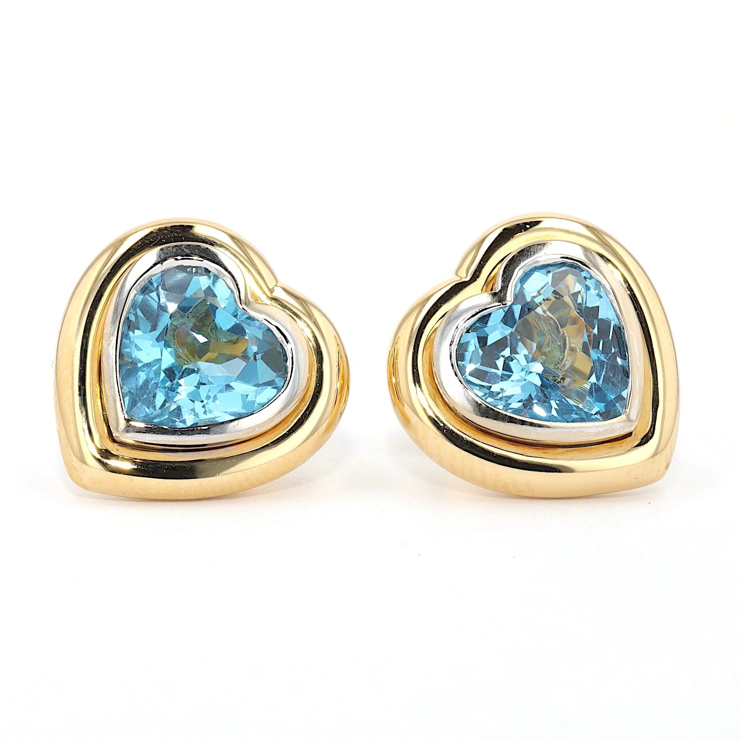 1 Paar Ohrstecker in 585er Bicolor Gold mit je einem blauen Topas, liegend frontal