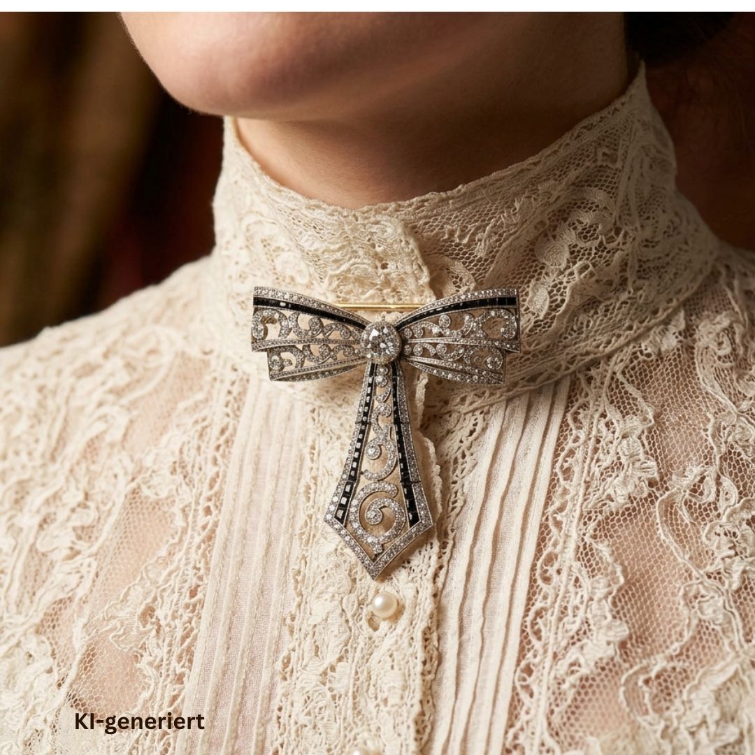 Brosche um 1900 vermutlich von Fr. Kreuter & Co. Hanau aus Platin/750er Gelbgold besetzt mit Diamanten und Gagat, an der Bluse einer Frau KI-generiert