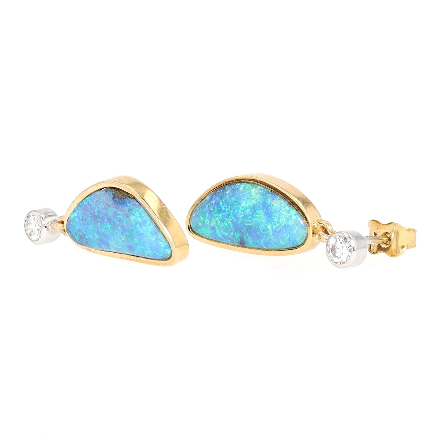 1 Paar Ohrringe in 585 Bicolor Gold mit je einem Opal und Brillant, liegend links gedreht