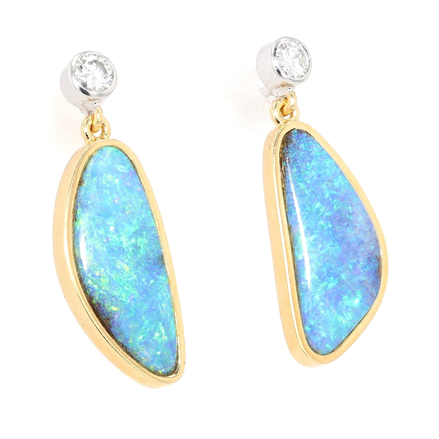 1 Paar Ohrringe in 585 Bicolor Gold mit je einem Opal und Brillant, hängend rechts gedreht