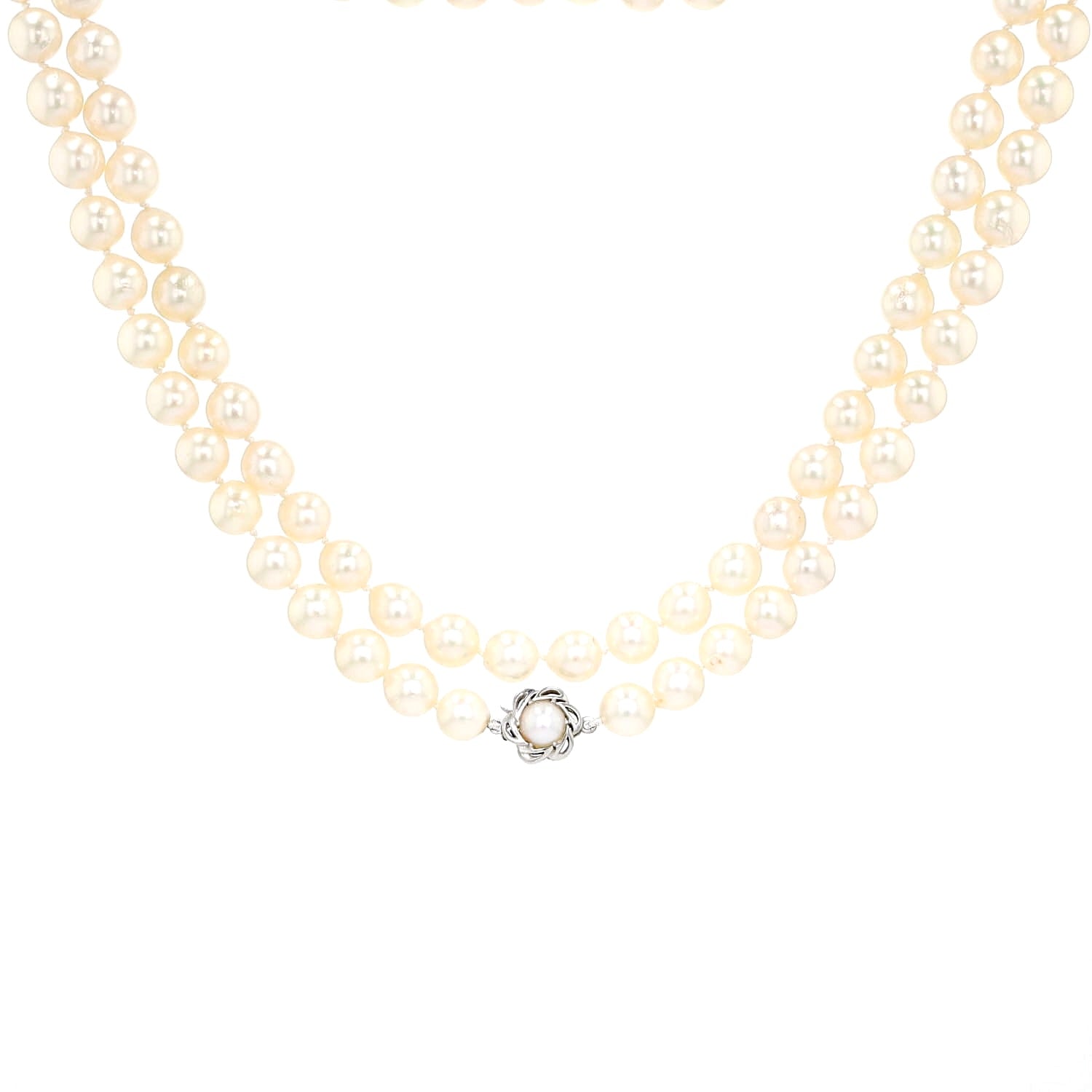 Lange Akoya-Zuchtperlenkette mit einem Schloß aus 585er Weißgold, hängend Schloss vorne