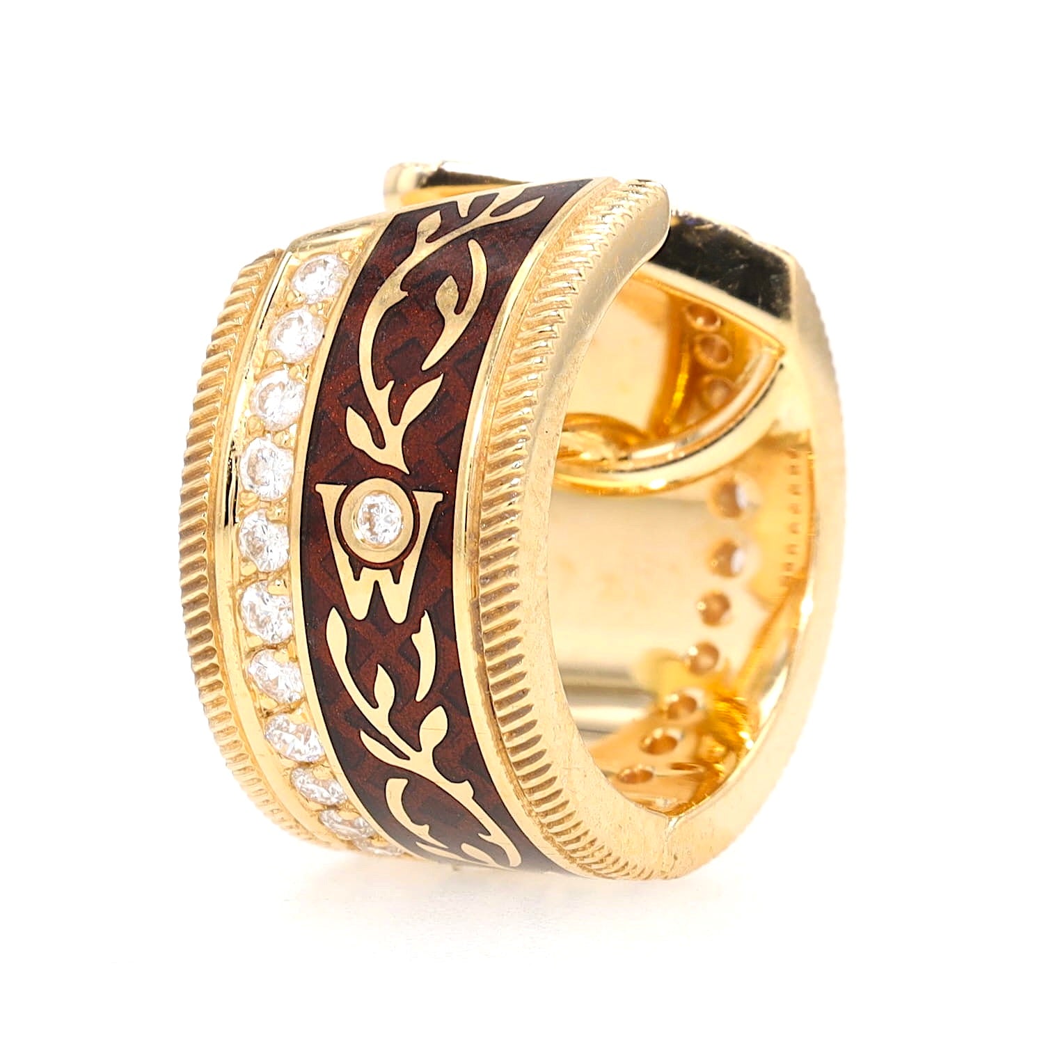 Wellendorff Kreolen “Schokotwist“ in 750er Gelbgold mit zweifarbiger Kaltemaille und Brillanten, stehend inks gedreht