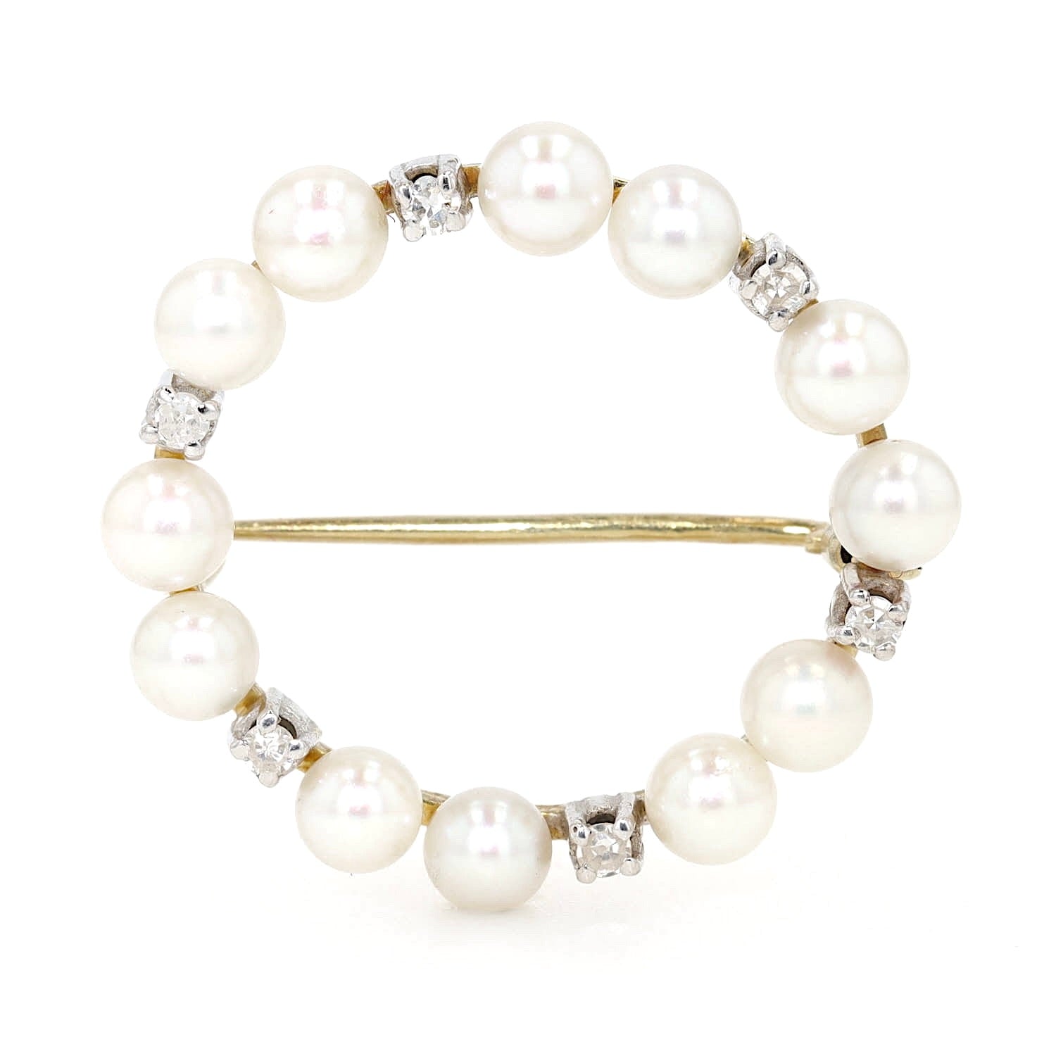 Brosche in 585er Gelbgold mit Zuchtperlen und Diamanten, stehend frontal