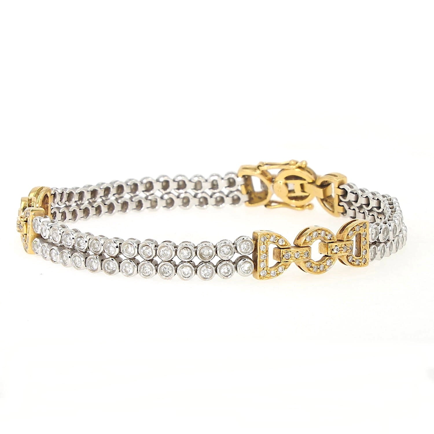 Vintage Armband in 750er Bicolor Gold mit insgesamt ca. 1,9 ct Brillanten, liegend links gedreht