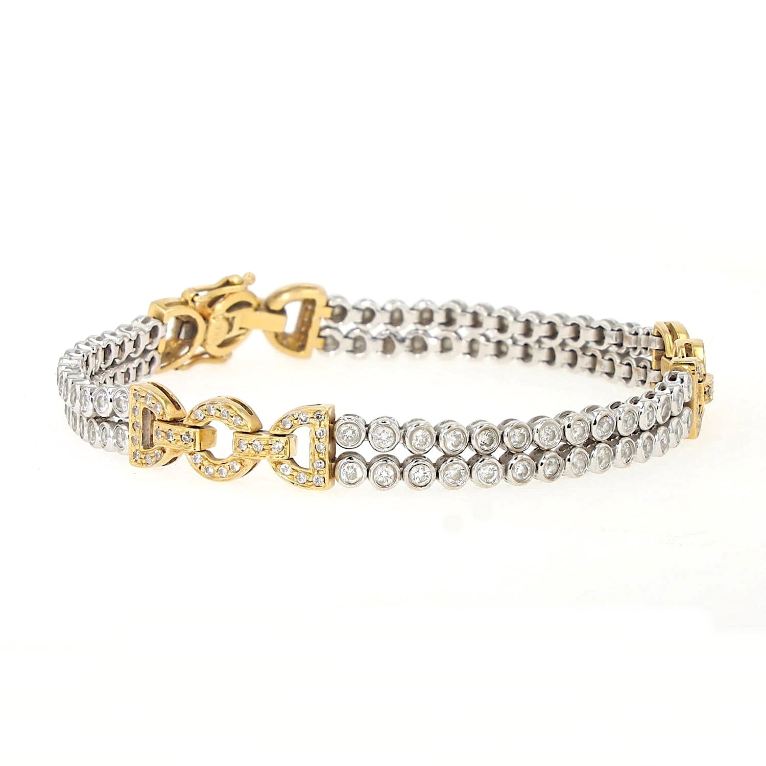 Vintage Armband in 750er Bicolor Gold mit insgesamt ca. 1,9 ct Brillanten, liegend rechts gedreht