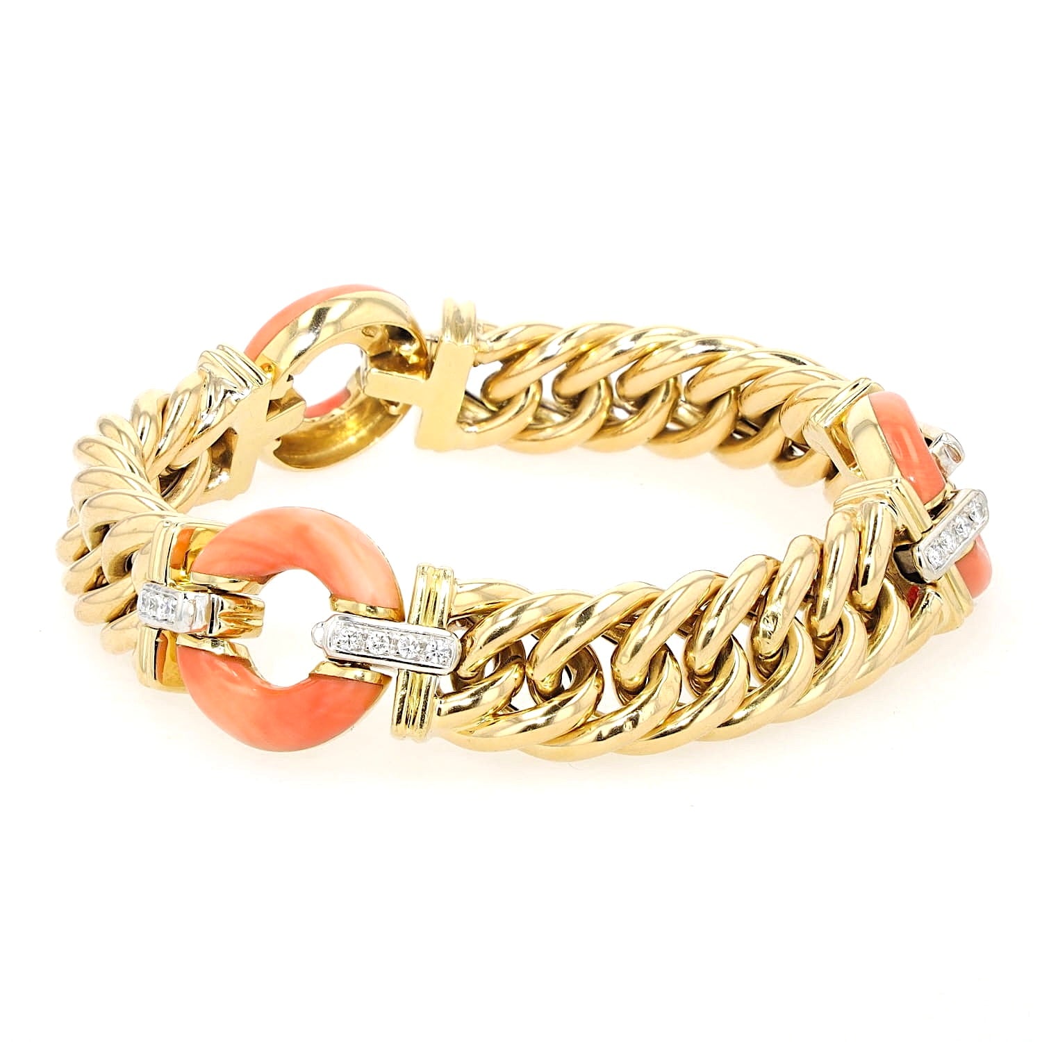 Vintage Armband Made in Italy in 750er Gelbgold mit Brillanten und Korallen, liegend links gedreht