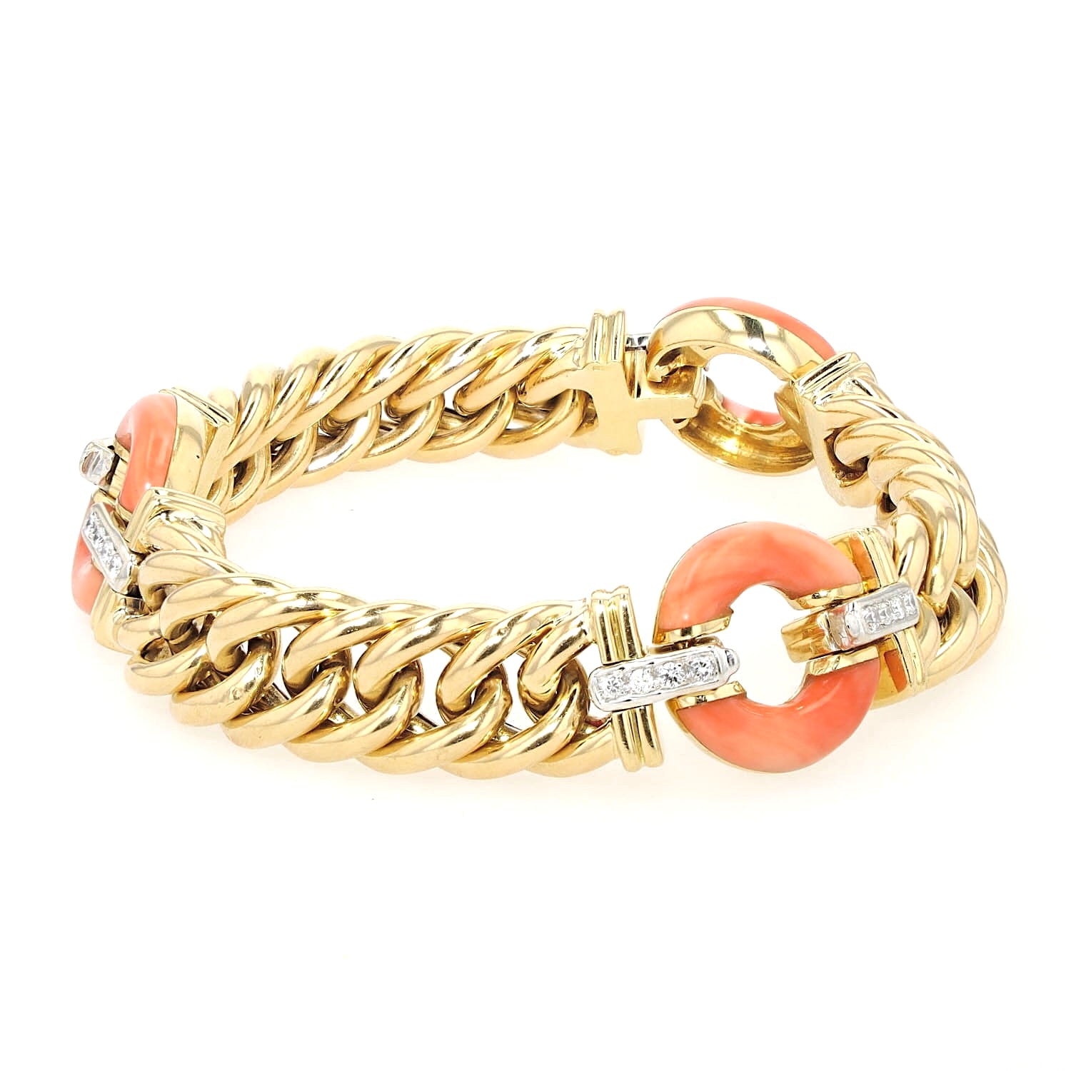 Vintage Armband Made in Italy in 750er Gelbgold mit Brillanten und Korallen, liegend rechts gedreht