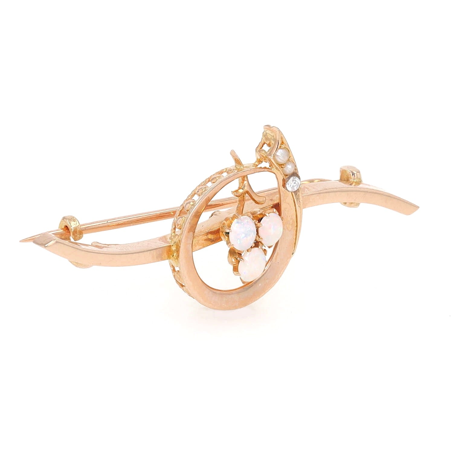 Jugendstil Brosche in 585er Rotgold mit Opalen, Saatperlen und 1 Cubic Zirkonia, stehend rechts gedreht