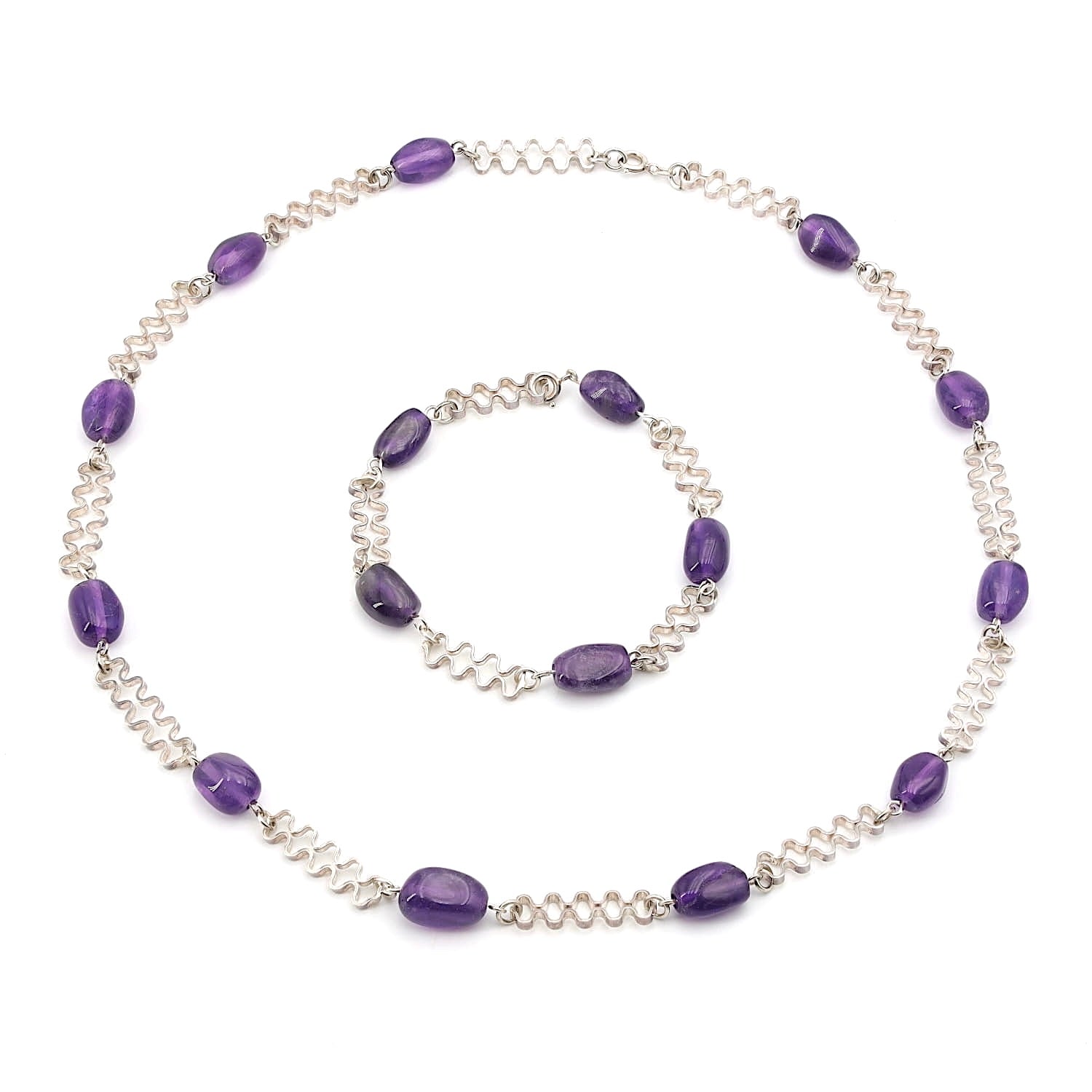 Kette und Armband in 835er Silber mit Amethysten, liegend Draufsicht