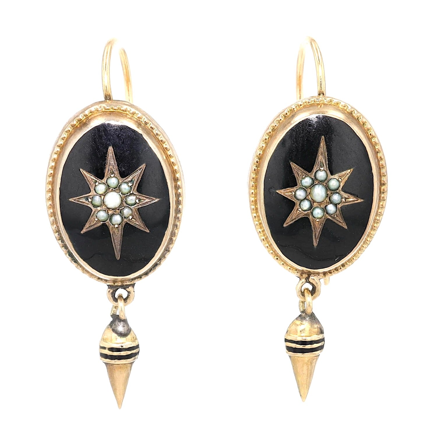 Biedermeier Ohrringe in 10 kt Gold mit schwarzer Emaille und Saatperlen, hängend frontal