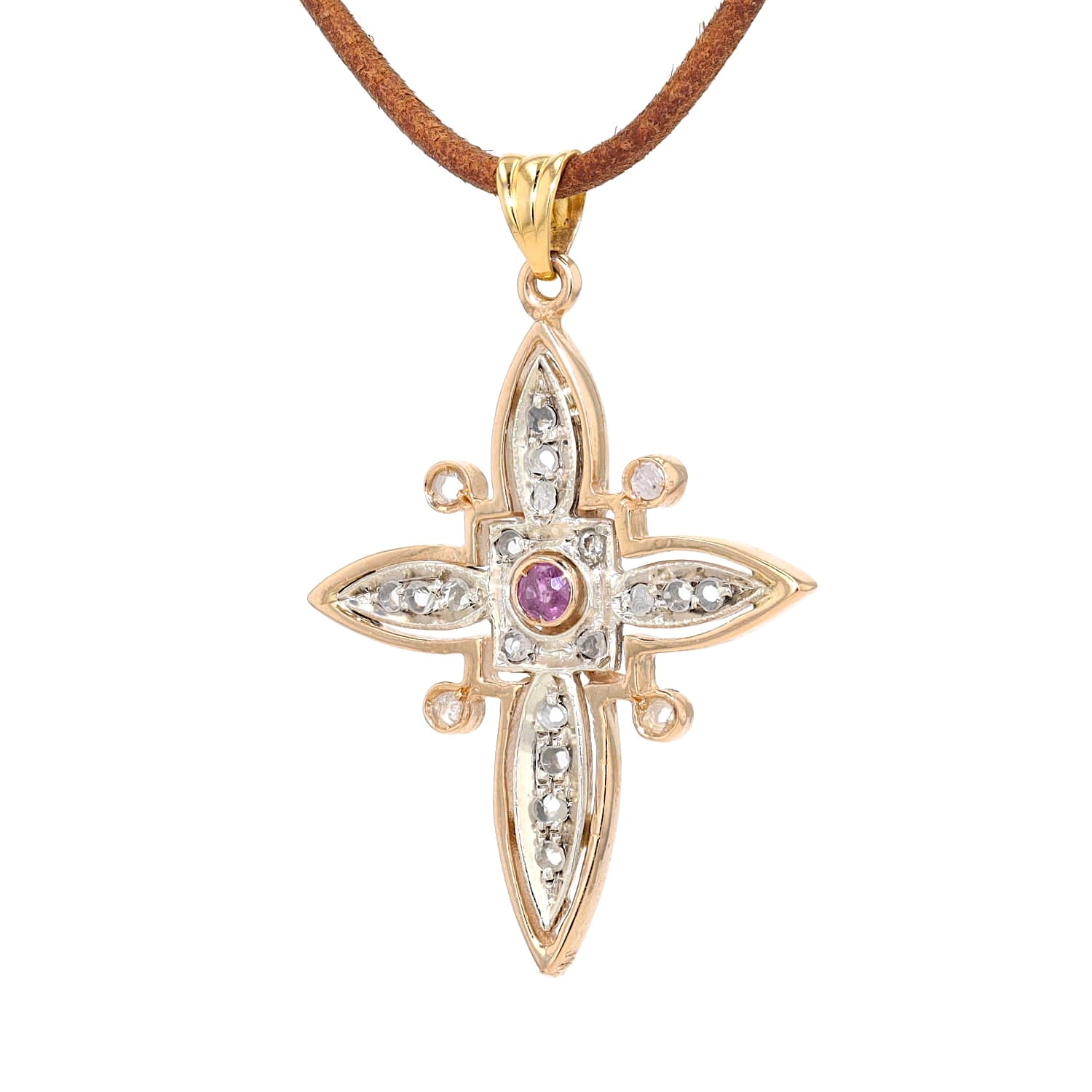 Kreuz Anhänger in 585er Roségold und Silber mit einem Rubin und Diamanten, , hängend links gedreht