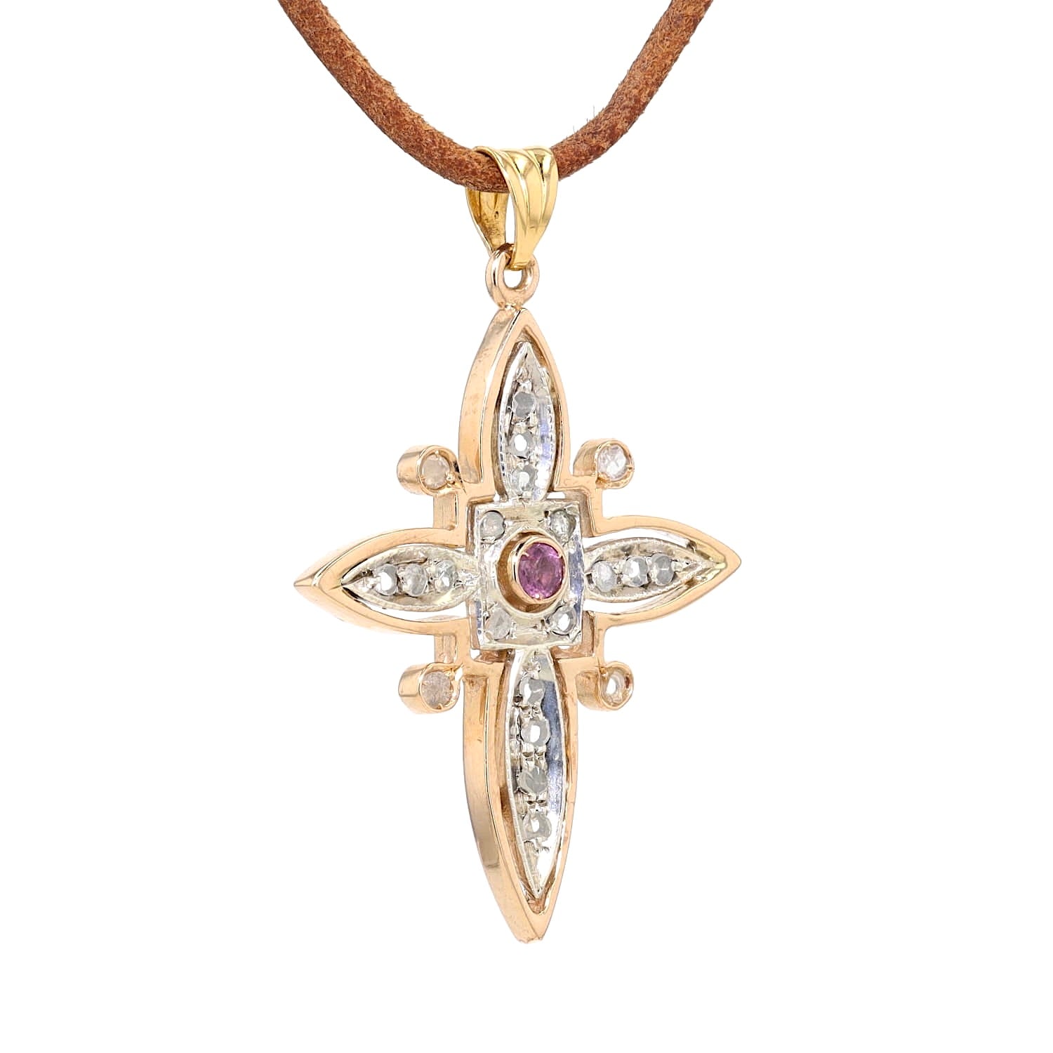 Kreuz Anhänger in 585er Roségold und Silber mit einem Rubin und Diamanten, hängend rechts gedreht