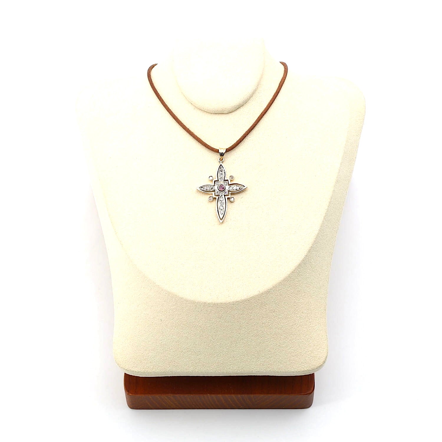 Kreuz Anhänger in 585er Roségold und Silber mit einem Rubin und Diamanten, an der Büste