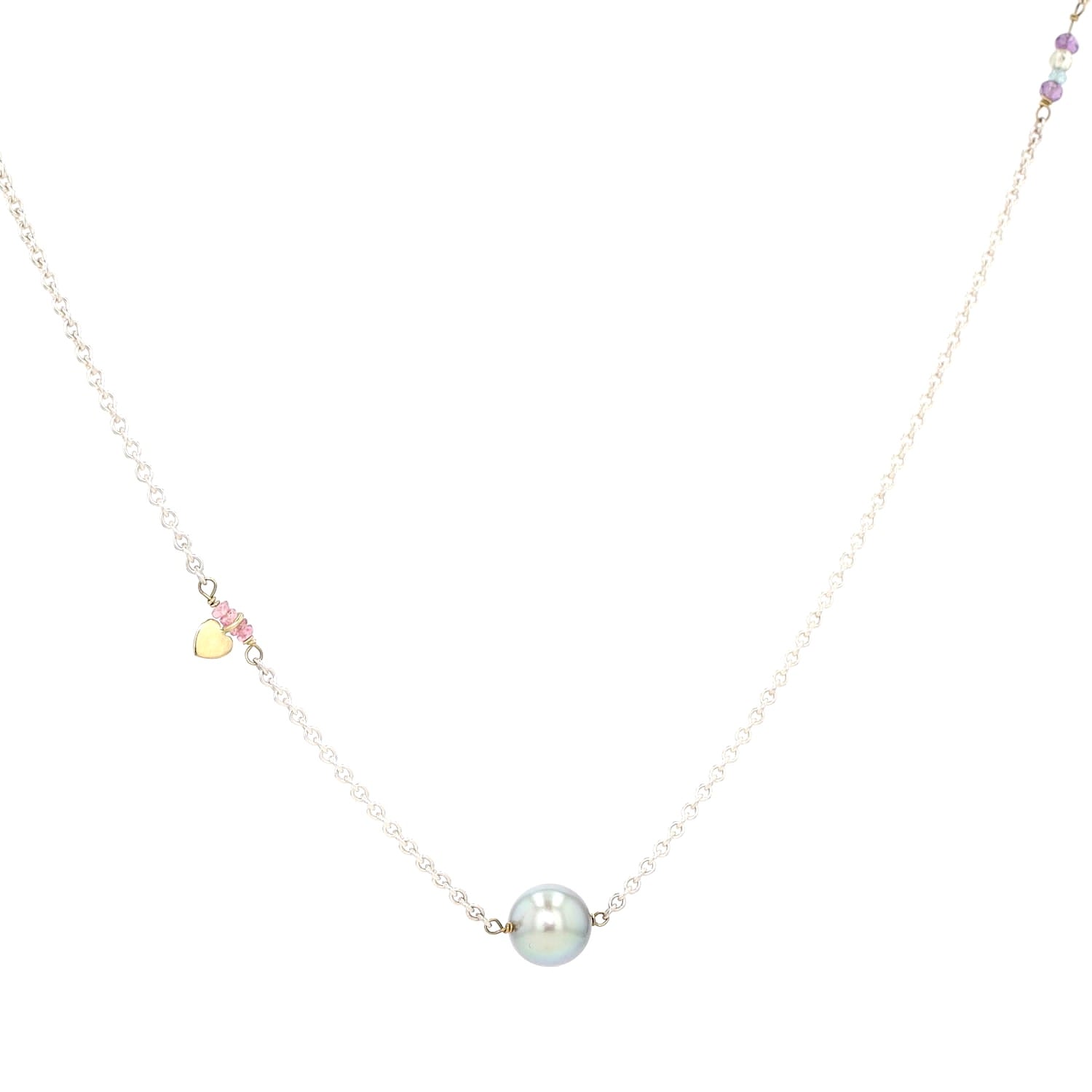 Lange Kette in 925 Silber mit einerZuchtperle und bunten Edelsteinen, hängend frontal
