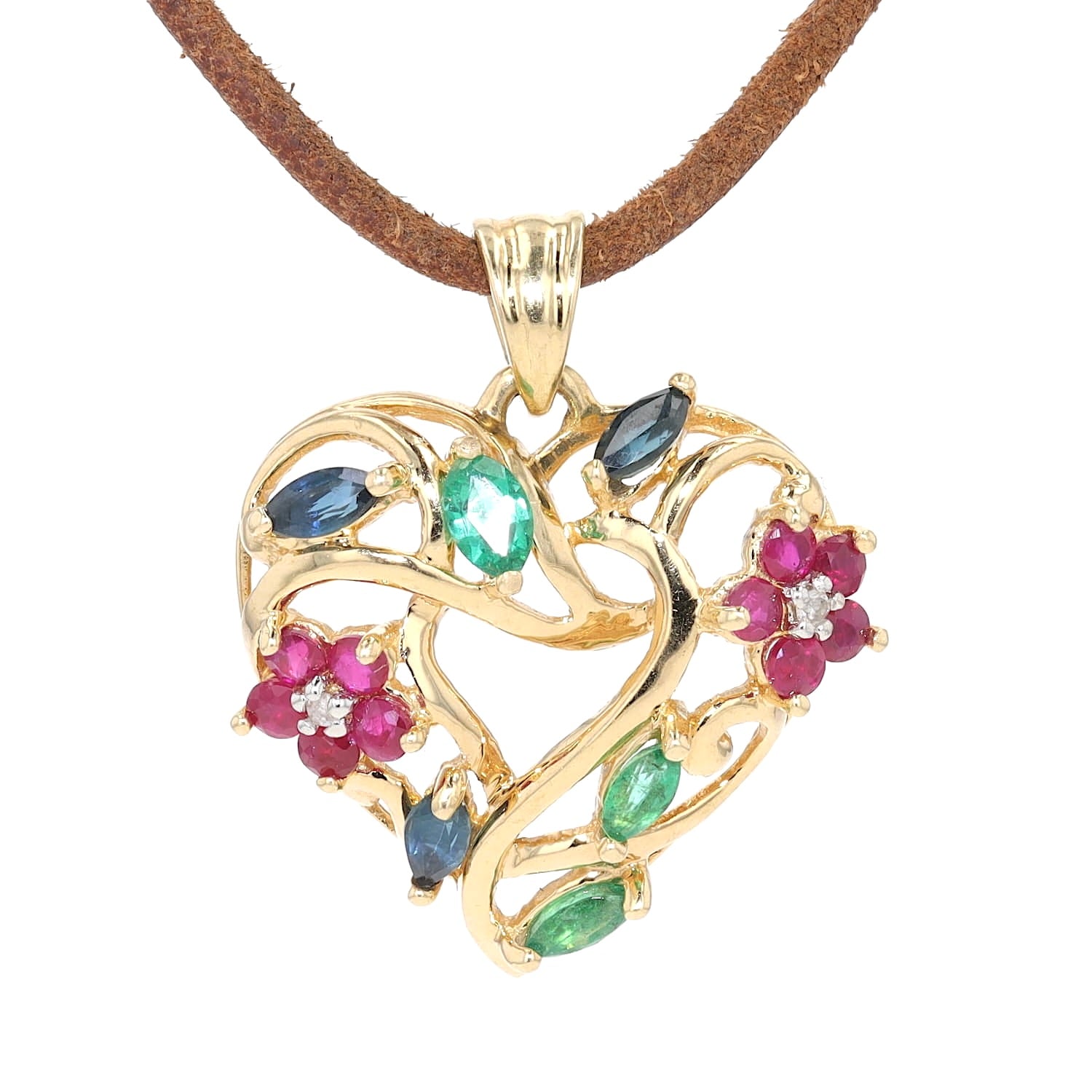Anhänger in 585er Gelbgold mit Smaragden, Saphiren, Rubinen und Diamanten, hängend frontal