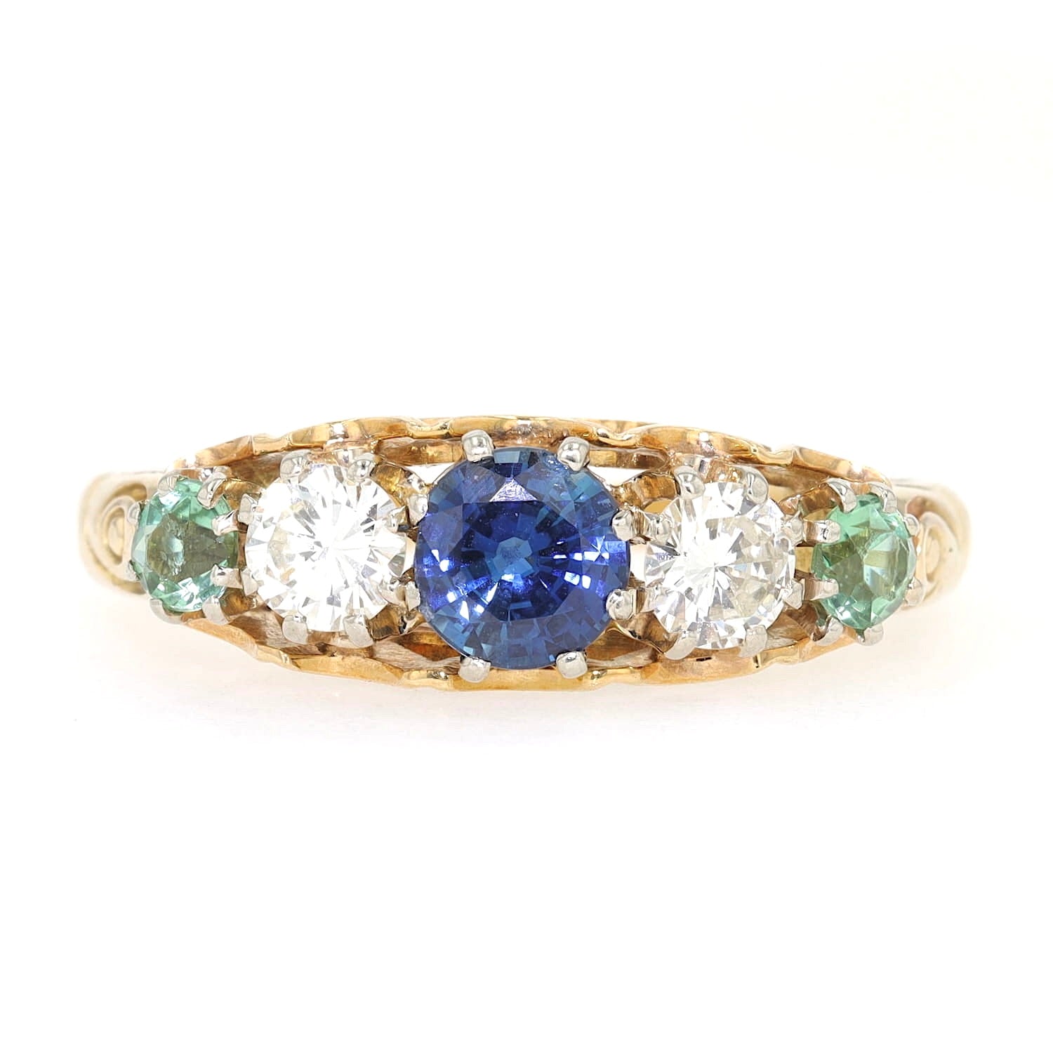 Vintage Ring in 585er Gelbgold mit zwei Brillanten, einem blauen Saphir und zwei Turmalinen, liegend frontal