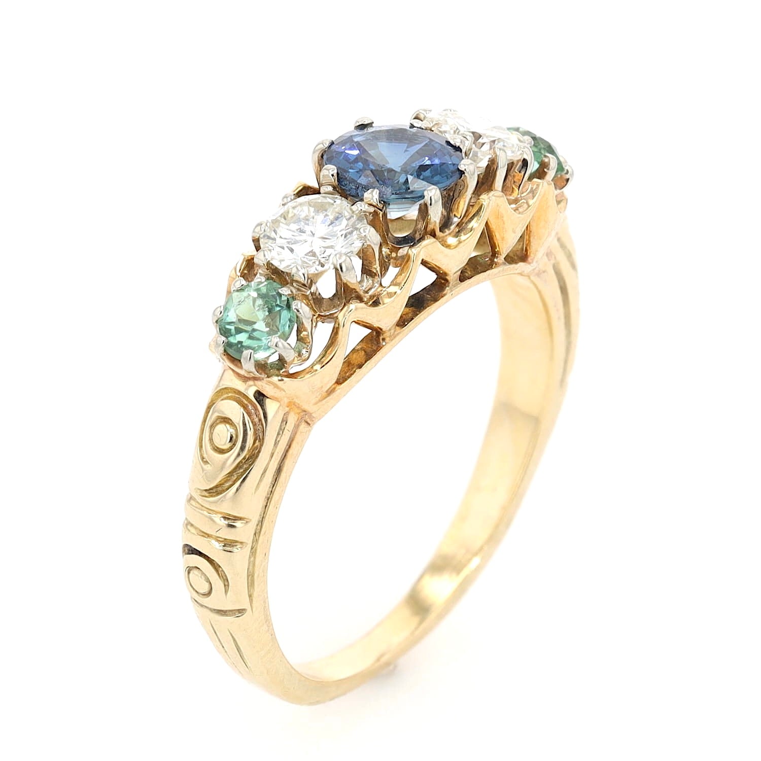 Vintage Ring in 585er Gelbgold mit zwei Brillanten, einem blauen Saphir und zwei Turmalinen, stehend