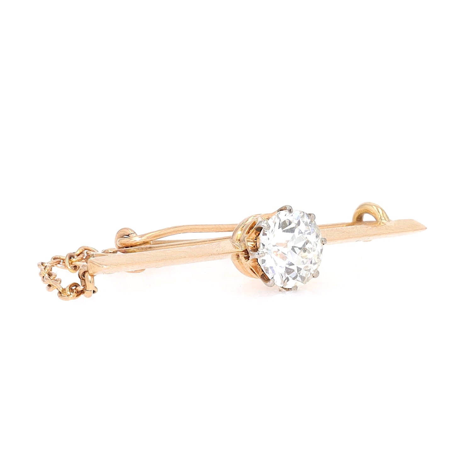 Jugendstil Stabnadel in 585er Gelbgold mit einem Diamanten ca. 1,3 ct, , liegend rechts gedreht aus der Nähe