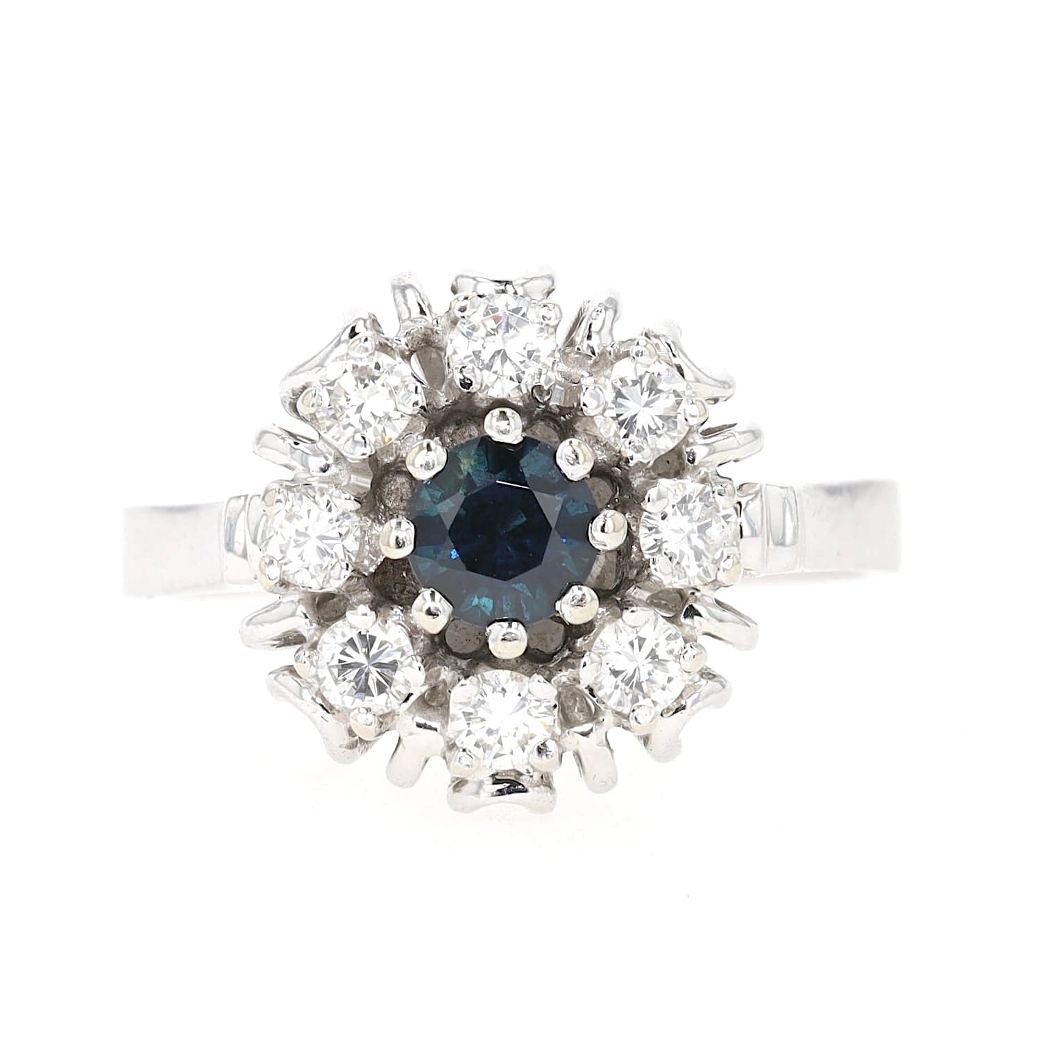 Vintage Ring in 585er Weißgold mit einem Saphir und Brillanten, liegend frontal