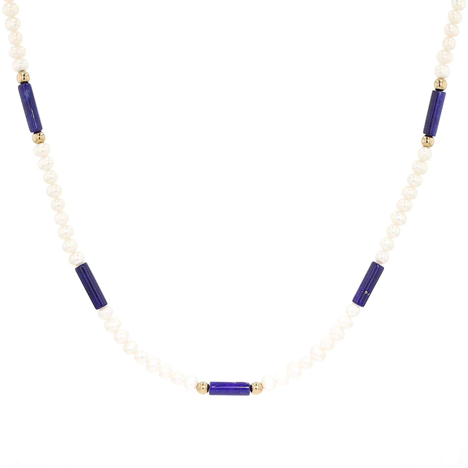 Akoya-Zuchtperlenkette mit Lapis lazuli Elementen, Kugeln und Schloß aus 585er Gelbgold, hängend frontal