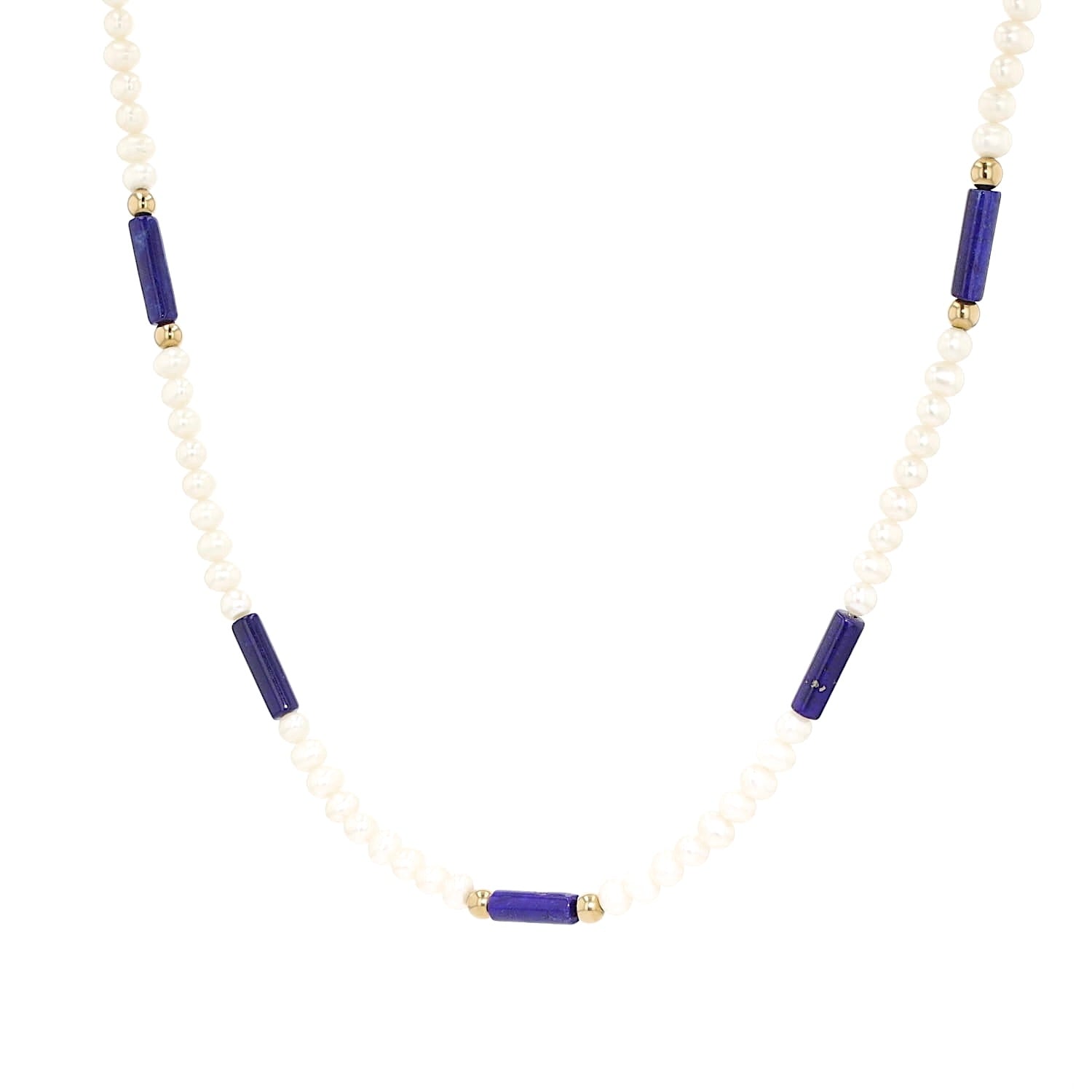 Akoya-Zuchtperlenkette mit Lapis lazuli Elementen, Kugeln und Schloß aus 585er Gelbgold, hängend links gedreht