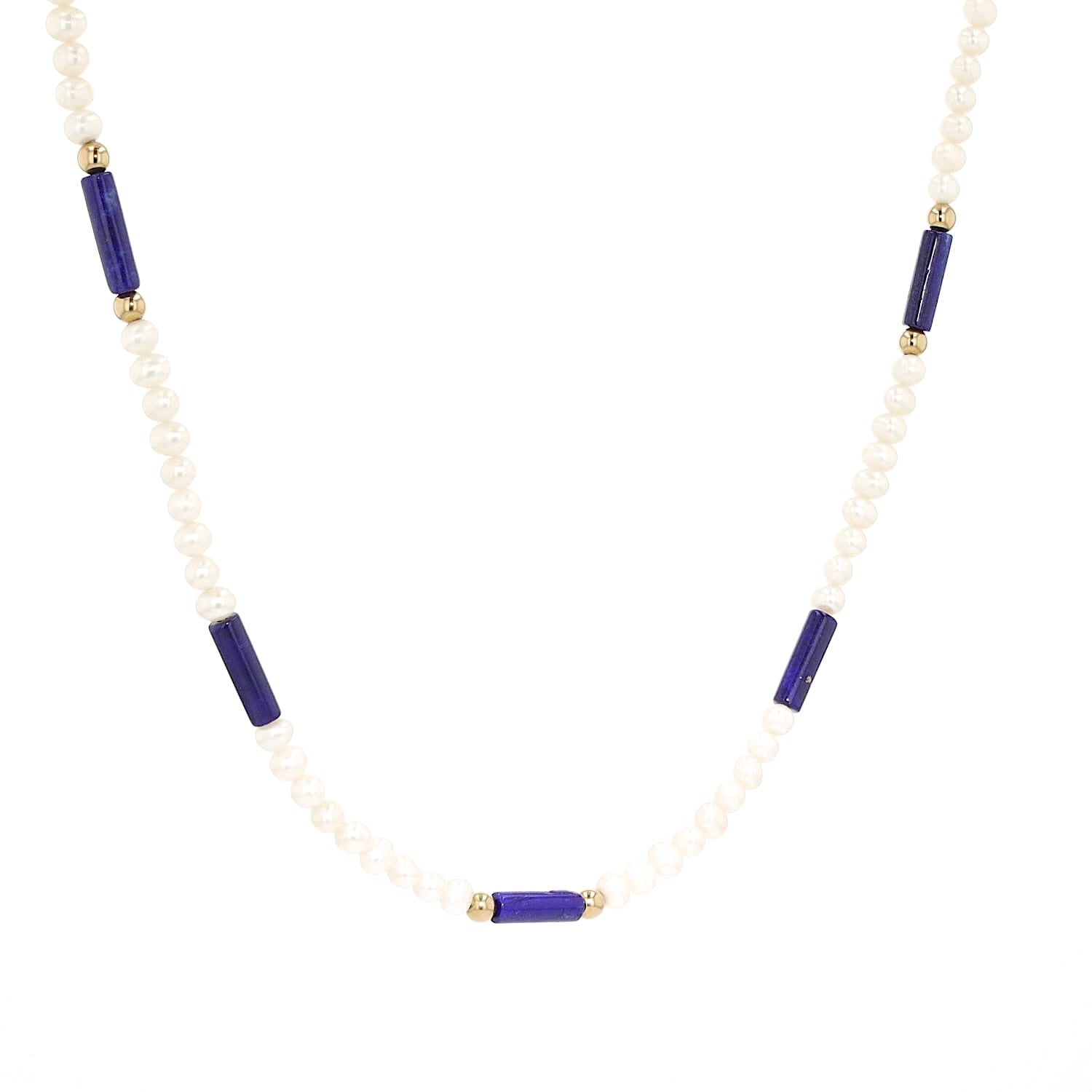 Akoya-Zuchtperlenkette mit Lapis lazuli Elementen, Kugeln und Schloß aus 585er Gelbgold, hängend rechts gedreht