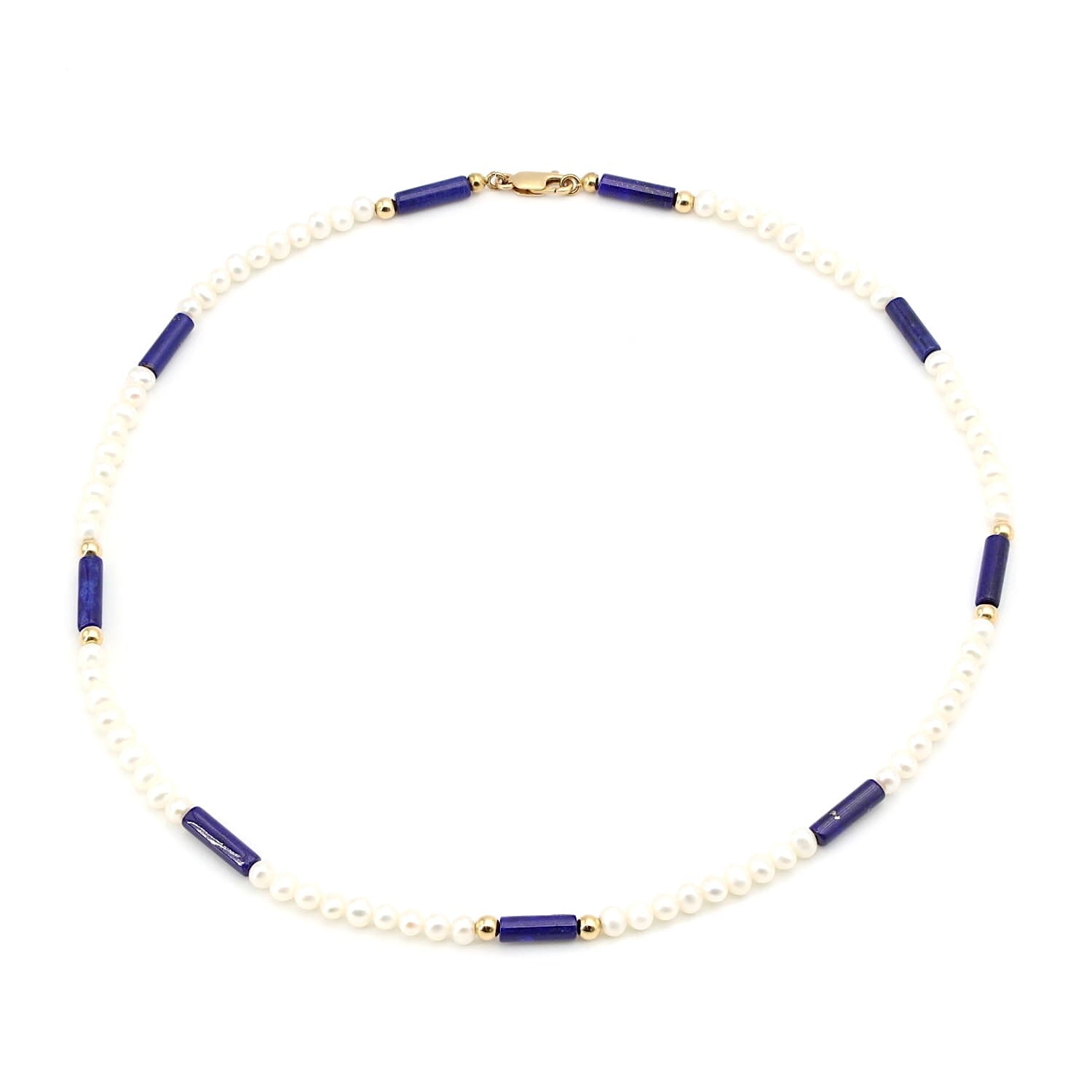 Akoya-Zuchtperlenkette mit Lapis lazuli Elementen, Kugeln und Schloß aus 585er Gelbgold, liegend Draufsicht