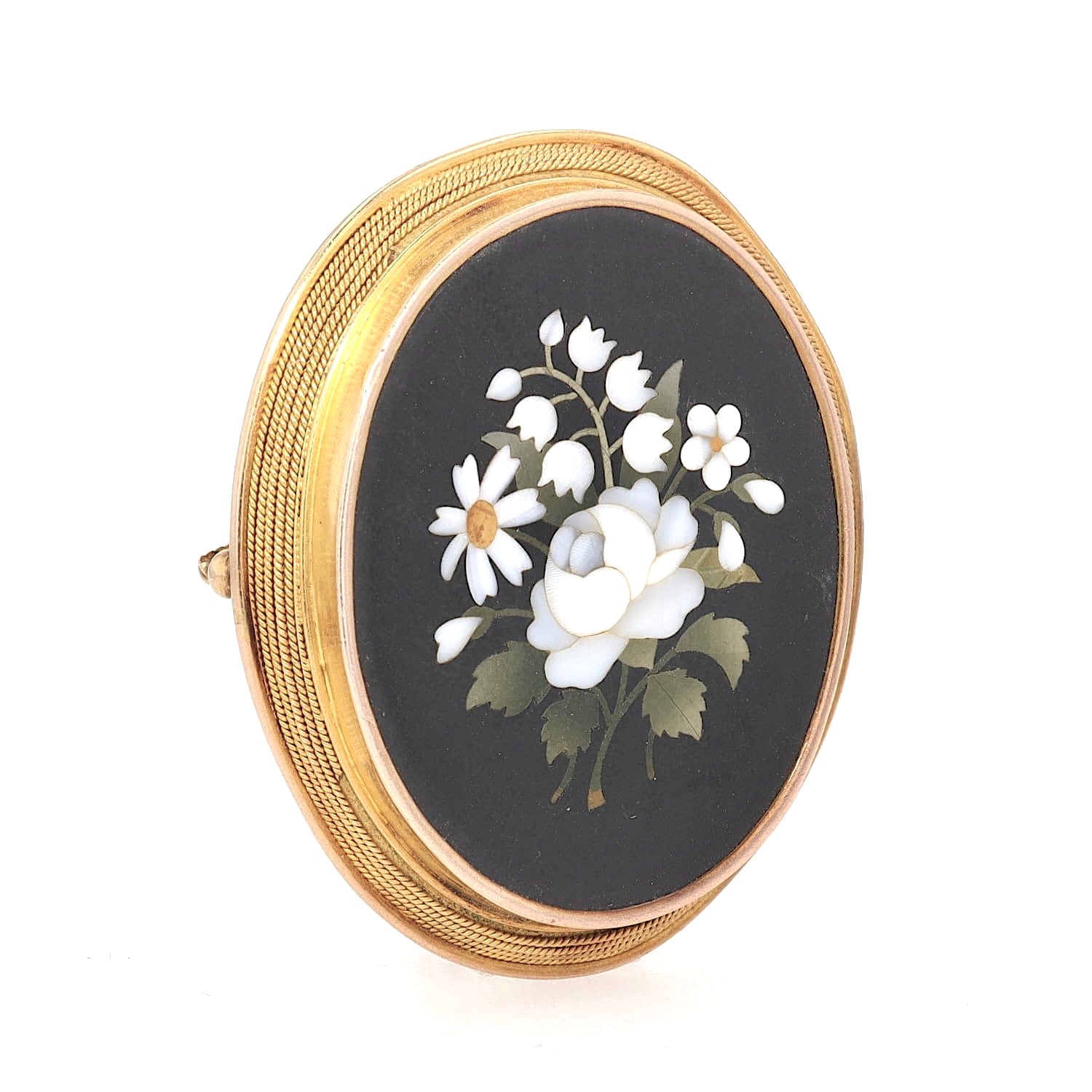 Antique Pietra Durabrooch made of 750 yellow gold with a Florentine mosaic work, turned to the right