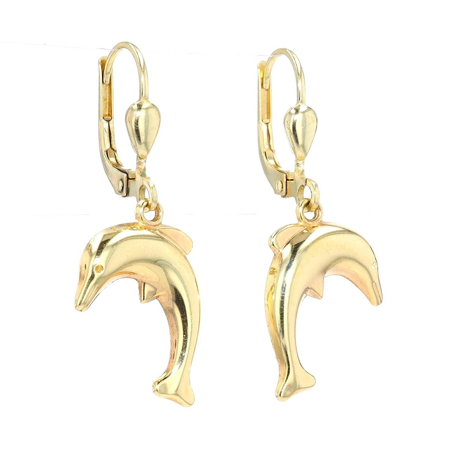 Ohrringe in 333er Gelbgold mit Delfinen als Hänger, hängend rechts gedreht