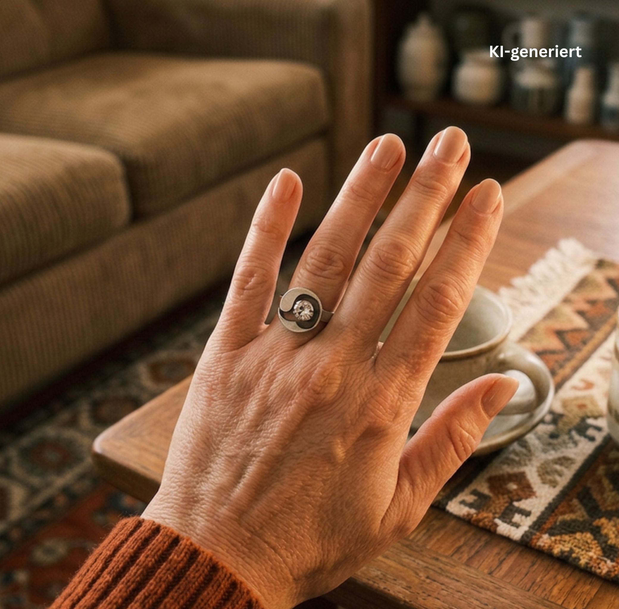 Karl Laine ring in 925 silver with a rock crystal, on an AI-generated woman's hand