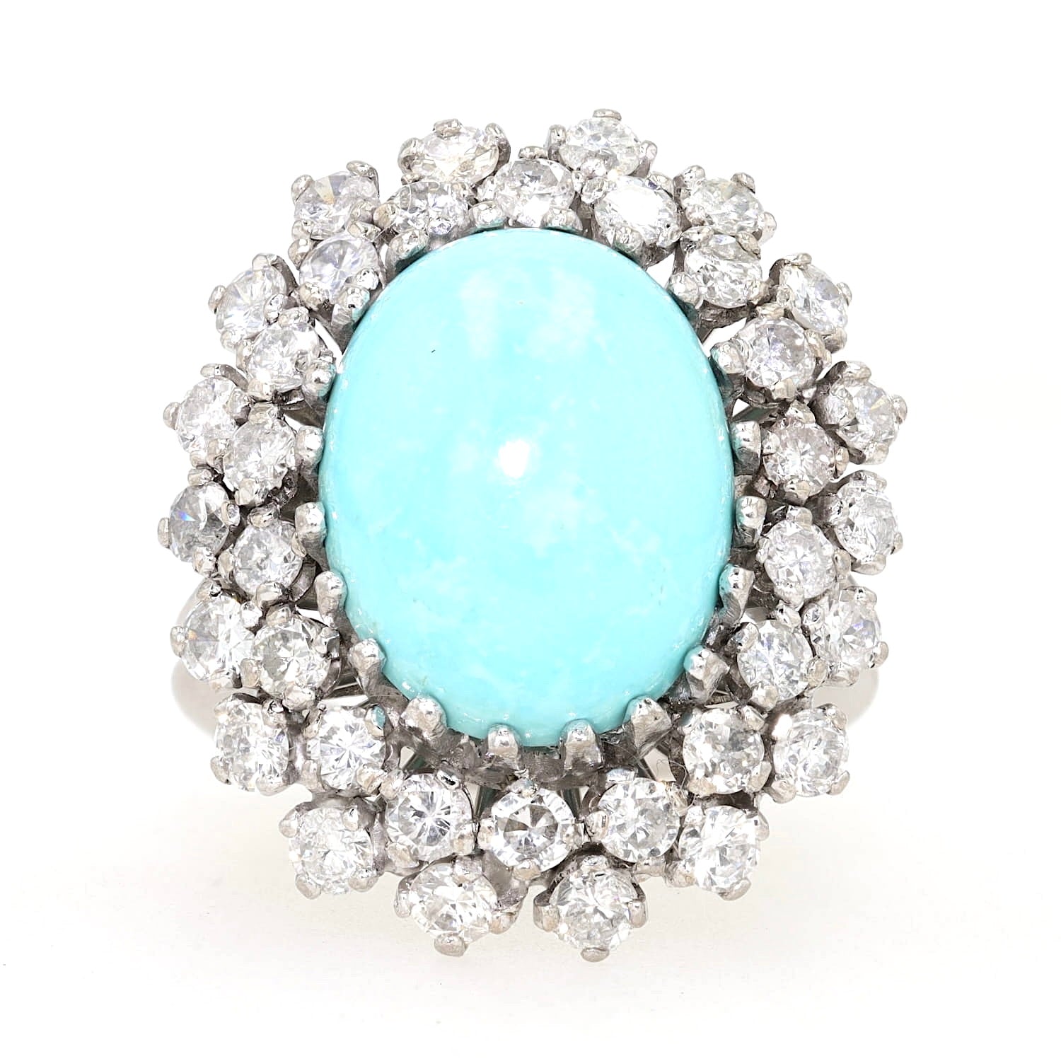 Vintage Ring in 750er Weißgold mit einem großen Türkis und insgesamt ca. 2 ct Brillanten, liegend frontal