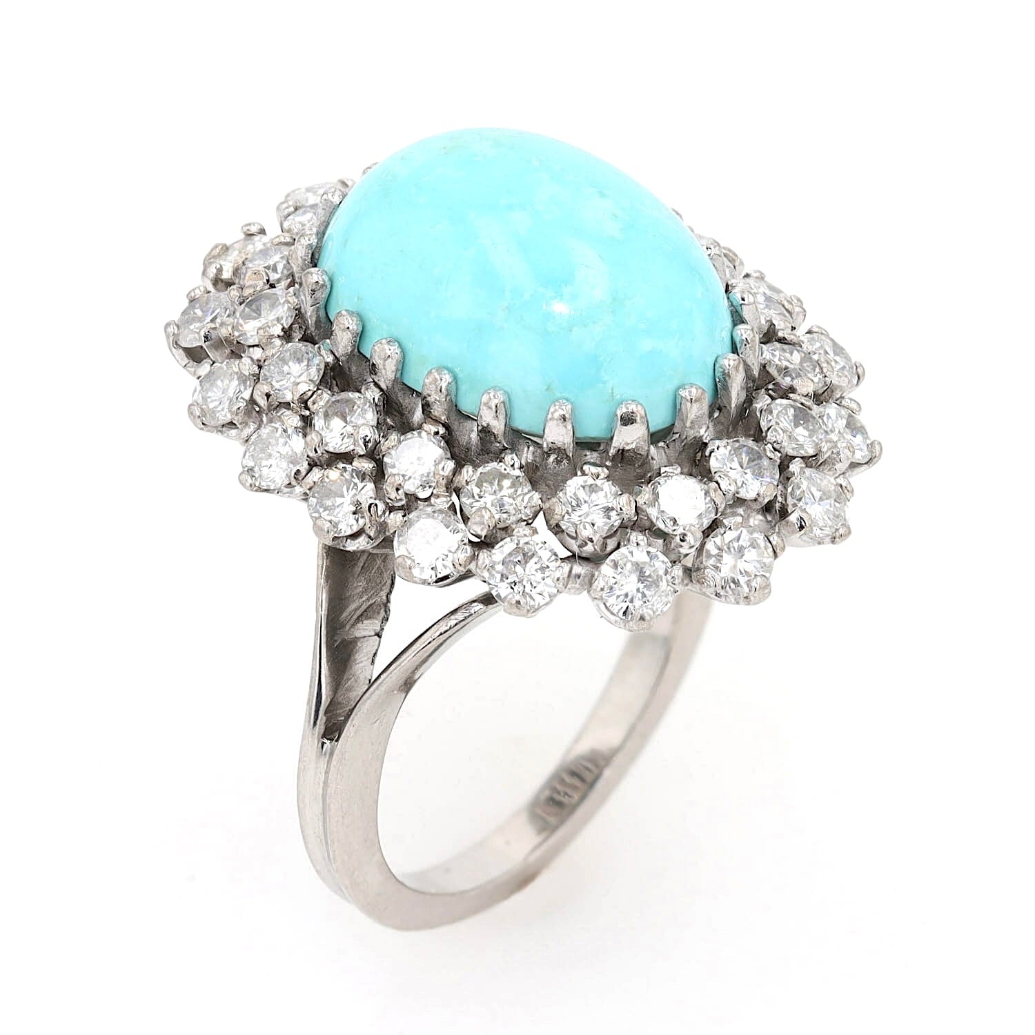 Vintage Ring in 750er Weißgold mit einem großen Türkis und insgesamt ca. 2 ct Brillanten, stehend
