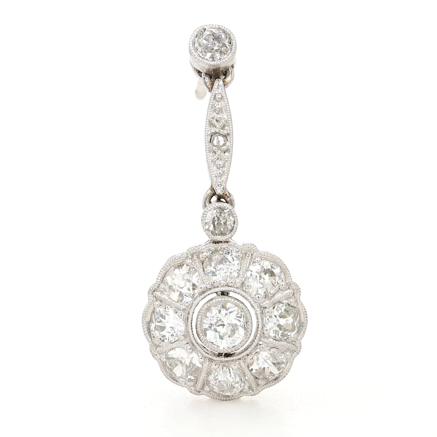 Art Deco Ohrringe in 585/750er Weißgold und Platin mit insgesamt ca. 1,8 ct Diamanten, , einzeln hängend frontal