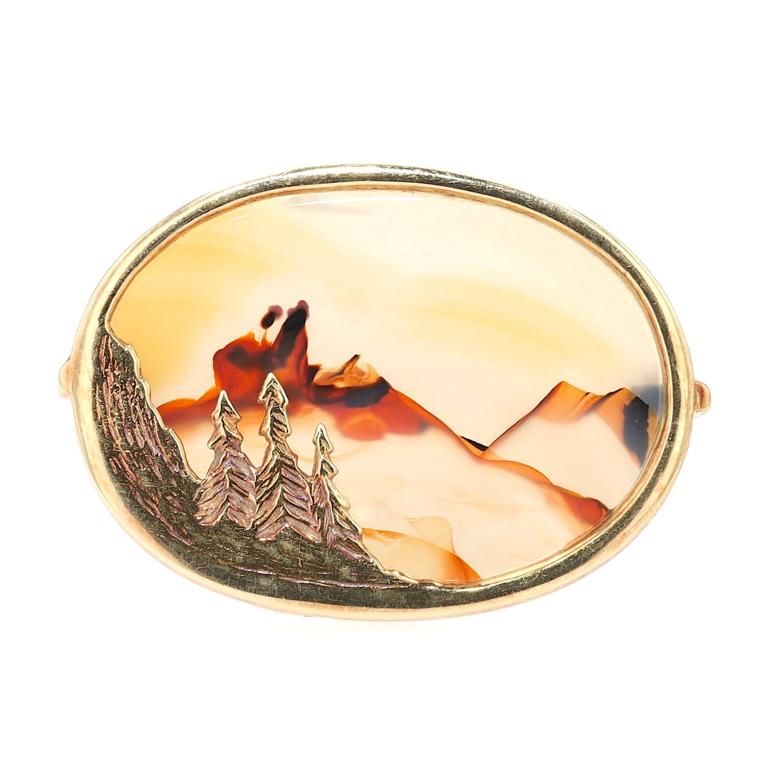 Brosche in 585er Gelbgold mit einem Landschaftsachat, stehend frontal