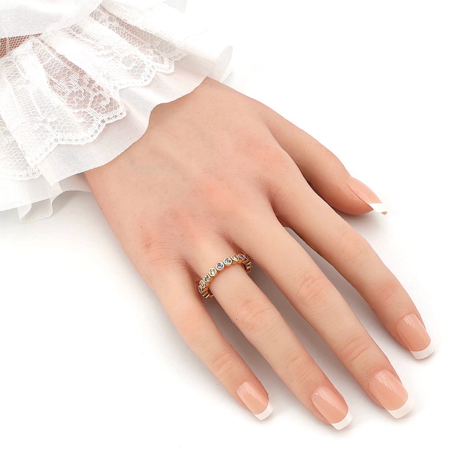 Bron Ring Confetti in 750er Roségold mit bunten Saphiren und Brillanten, liegend rechts gedreht