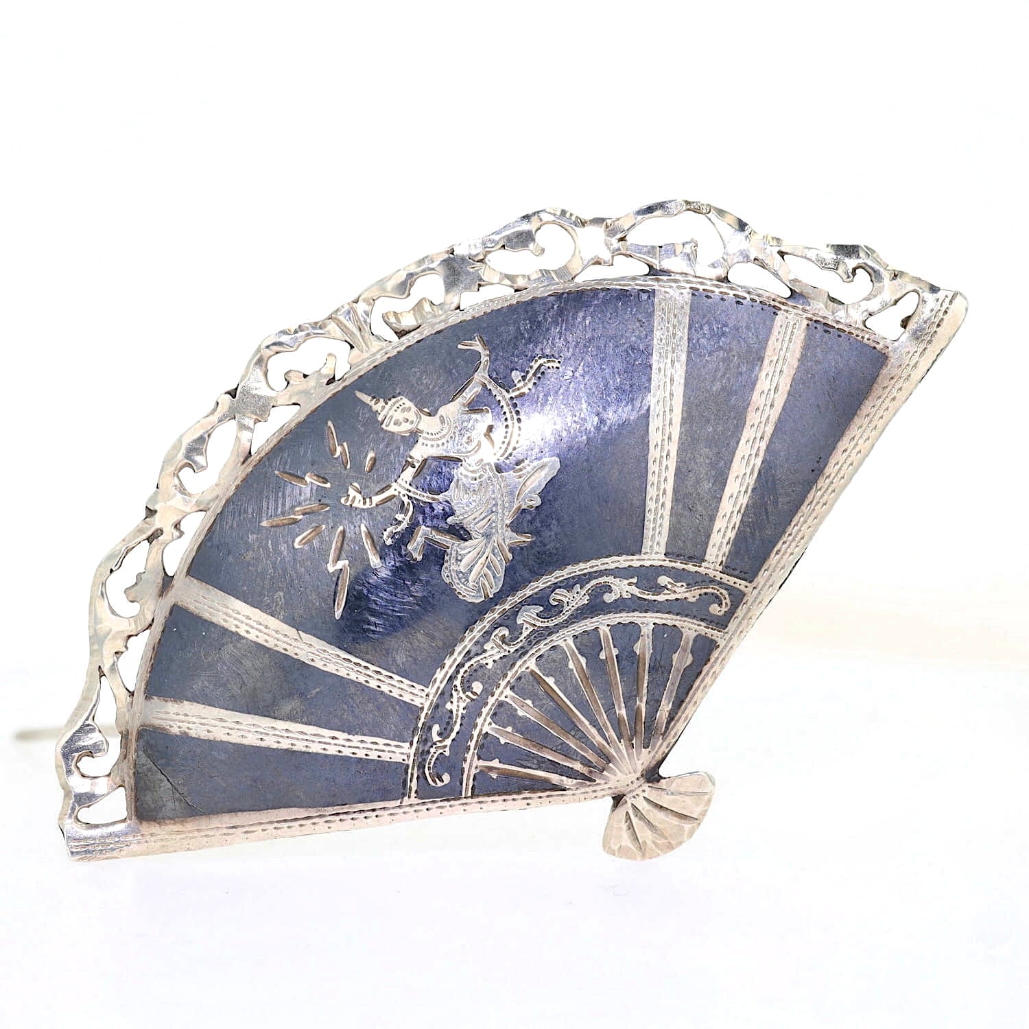 Vintage Fächer Brosche Sterling Silber Siam Niello, stehend frontal