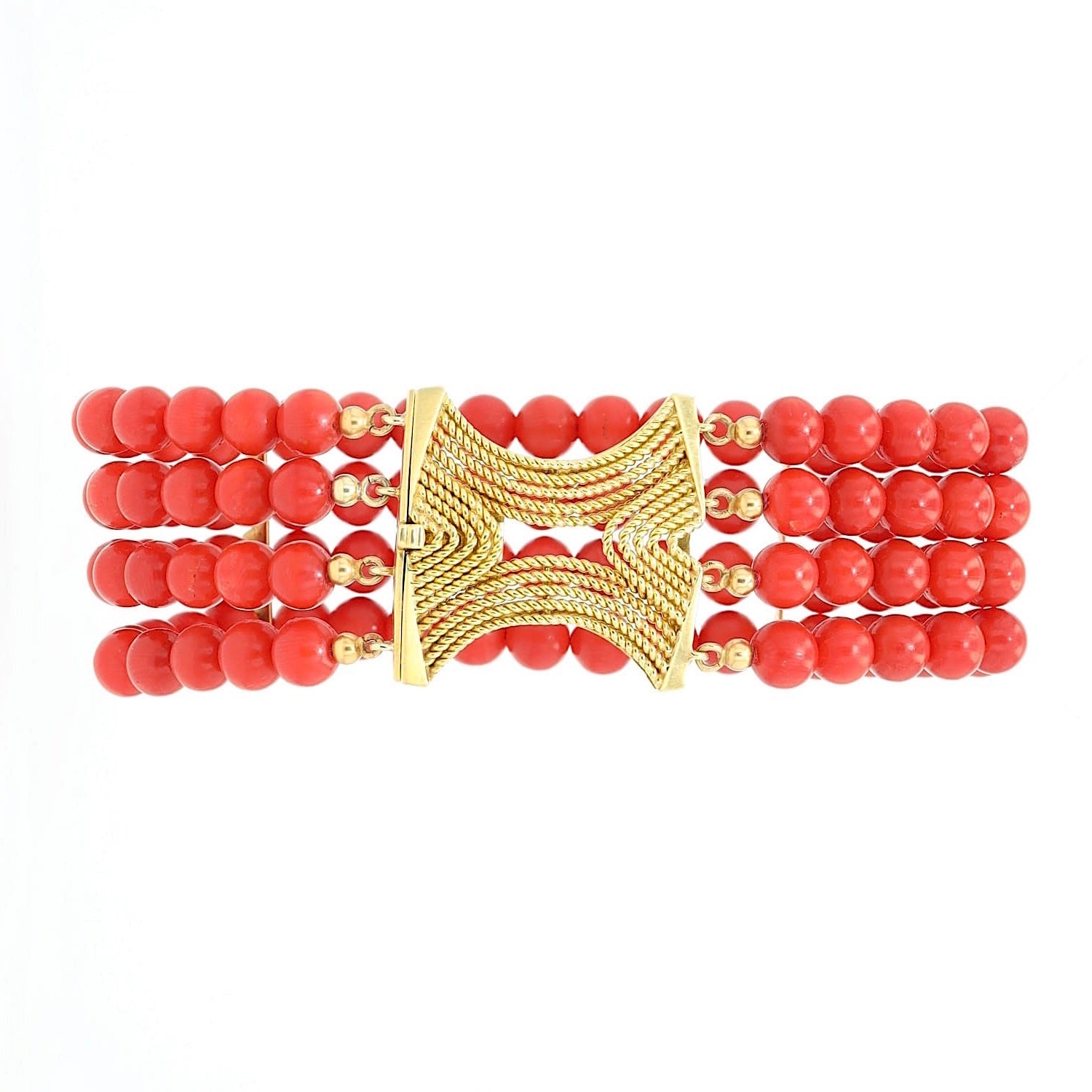 Vierreihiges Vintage Armband aus roten Korallen mit einem Verschluss aus 750er Gelbgold, seitlich liegend frontal