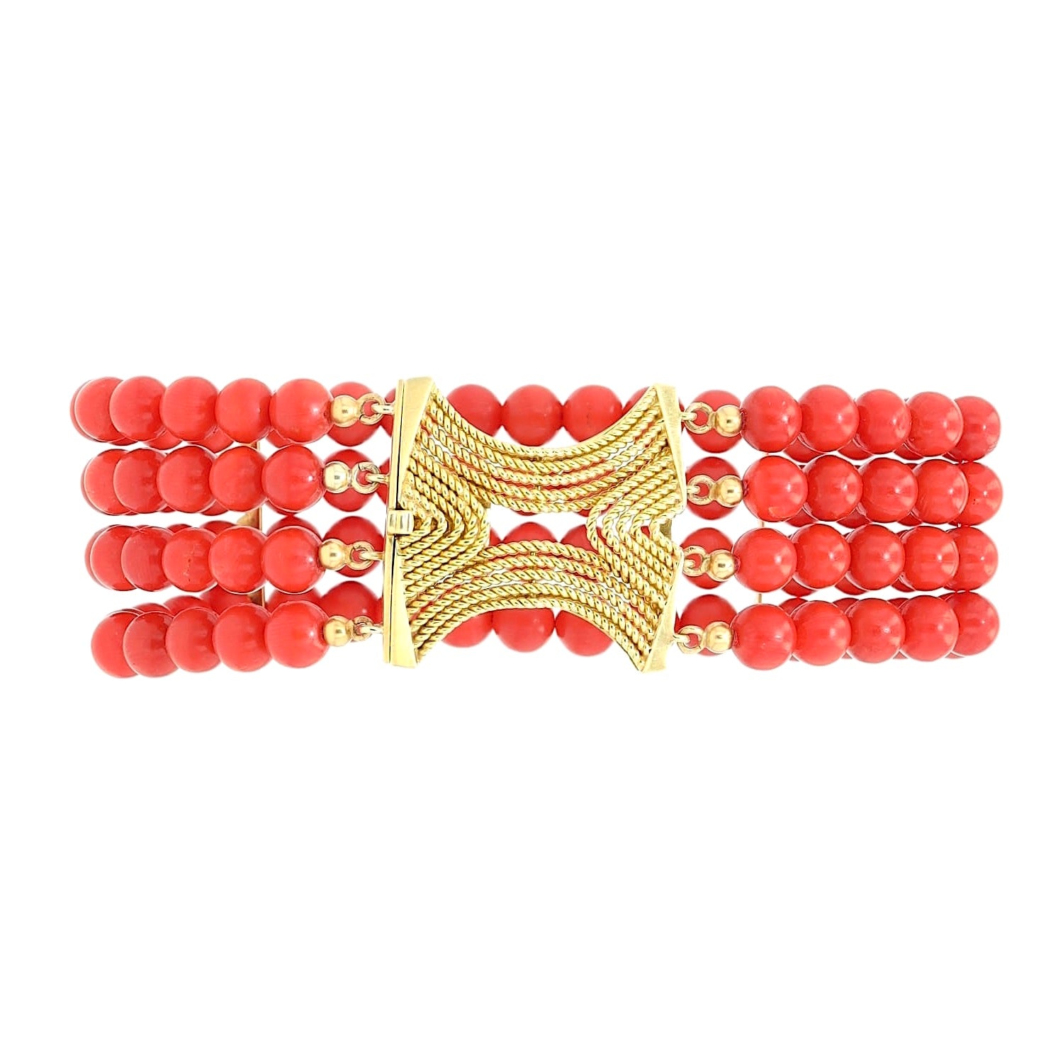 Vierreihiges Vintage Armband aus roten Korallen mit einem Verschluss aus 750er Gelbgold, seitlich liegend frontal