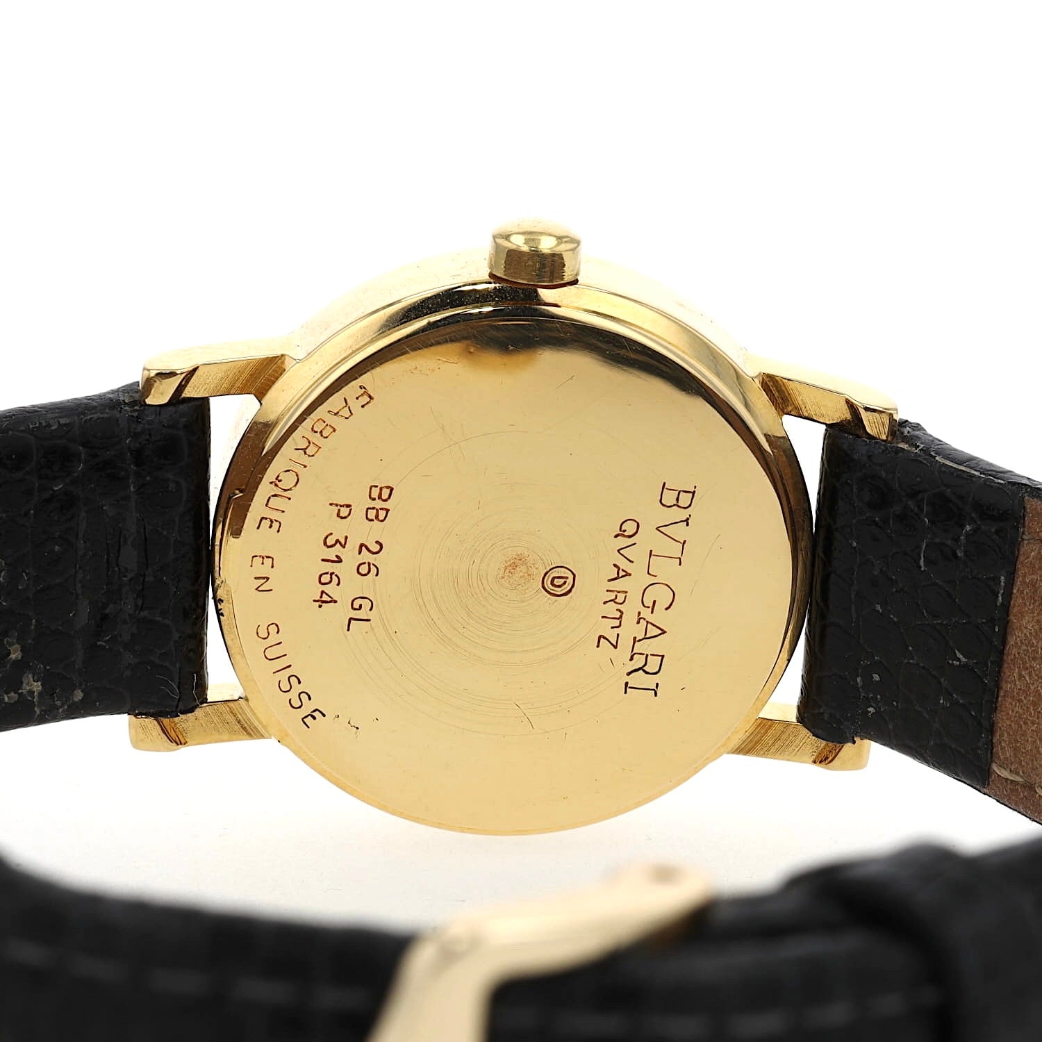 Armbanduhr von Bulgari in 750er Gelbgold mit einem Lederband, Gehäuse von hinten