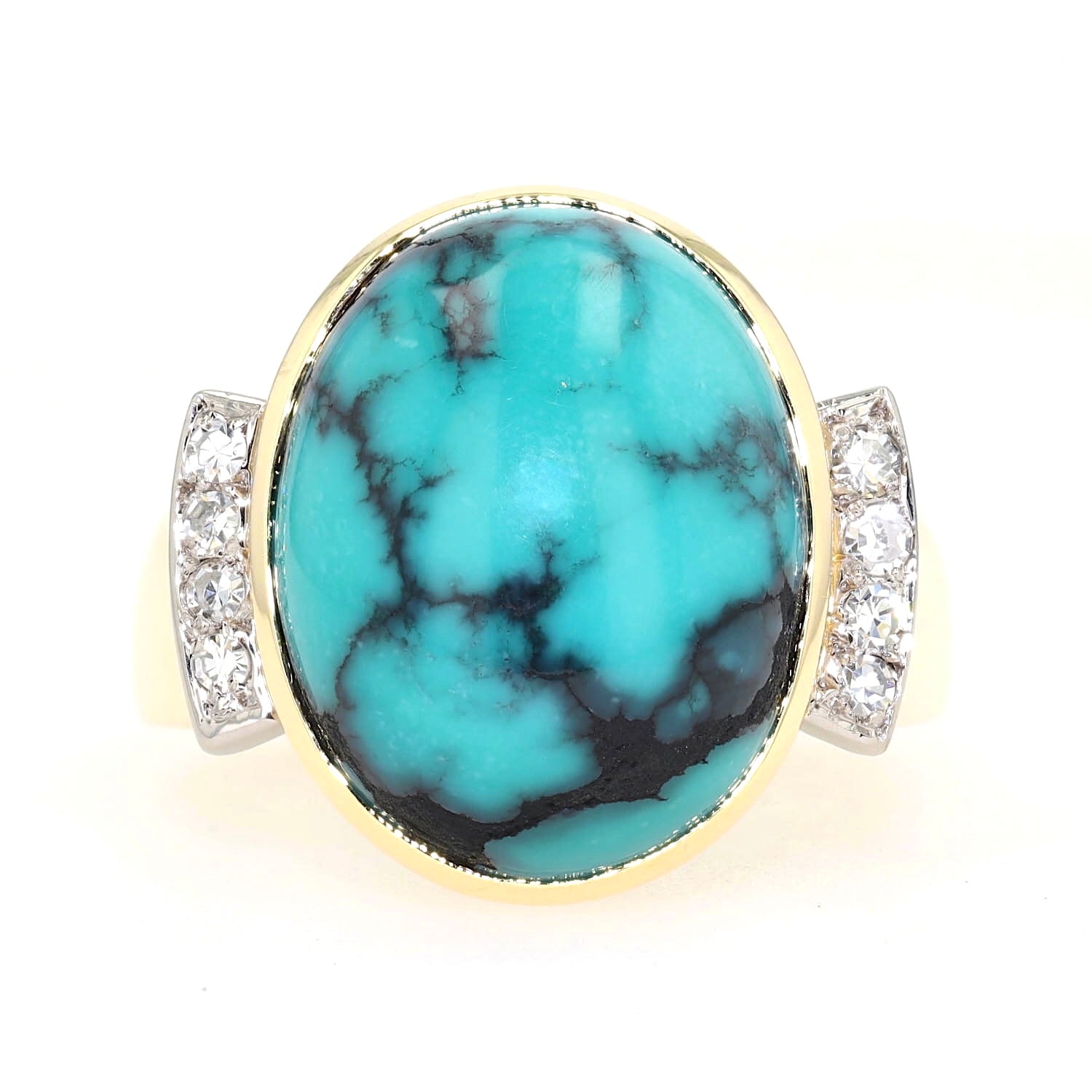 Ring in 585er Gelbgold mit einem Türkis und Diamanten, liegend frontal