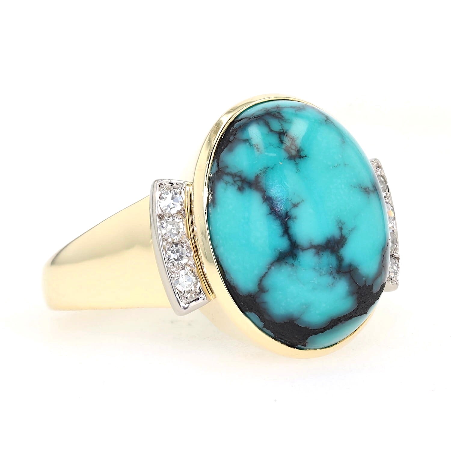 Ring in 585er Gelbgold mit einem Türkis und Diamanten, liegend rechts gedreht