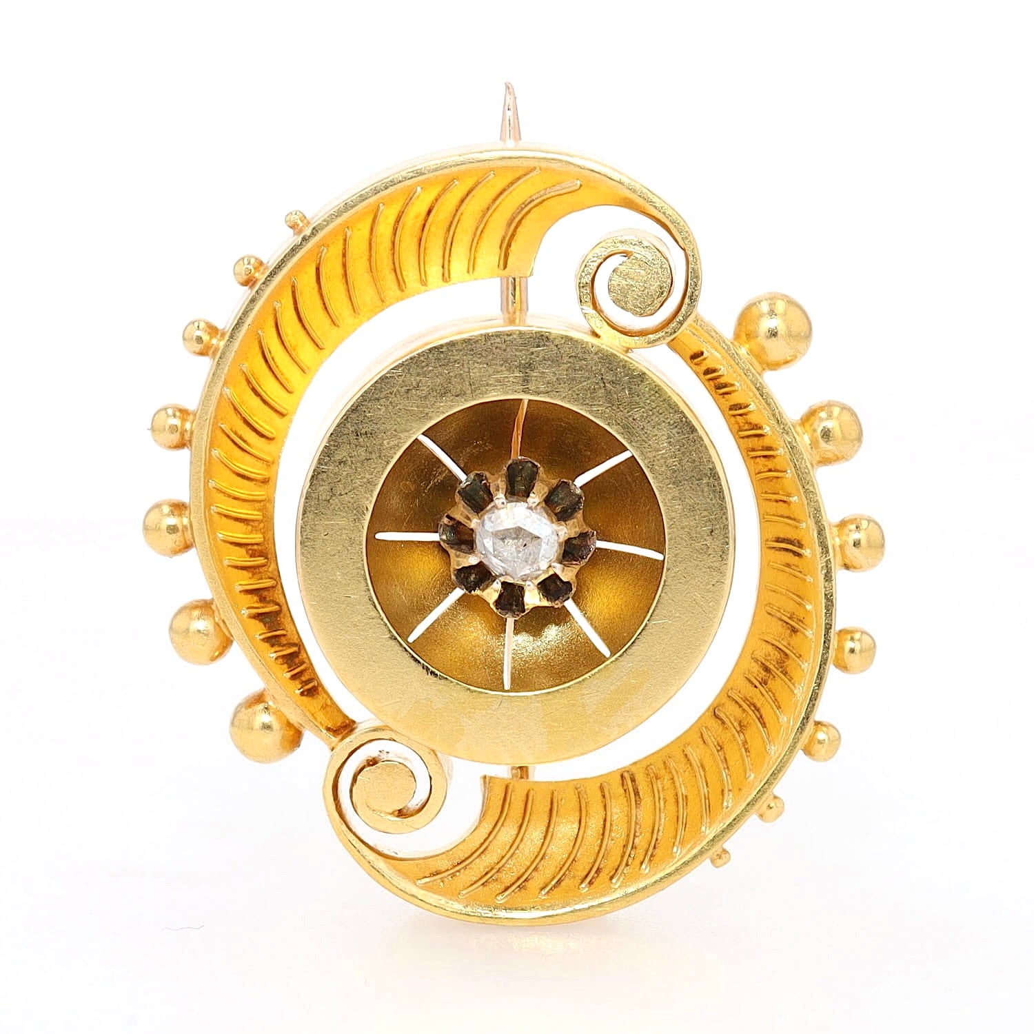 Historismus Brosche in 585er Gelbgold mit einem Diamanten, aufrecht stehend frontal