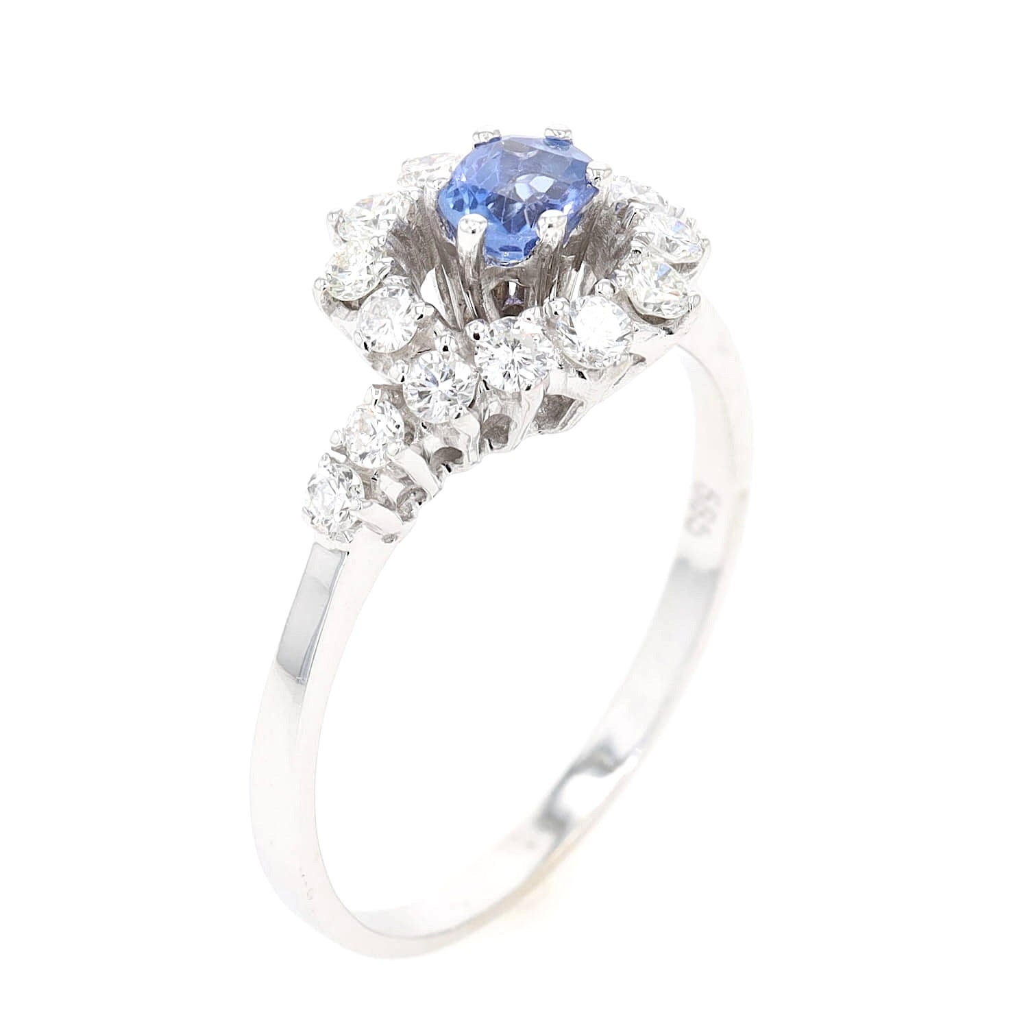 Ring in 585er Weißgold mit einem Saphir und Brillanten, stehend